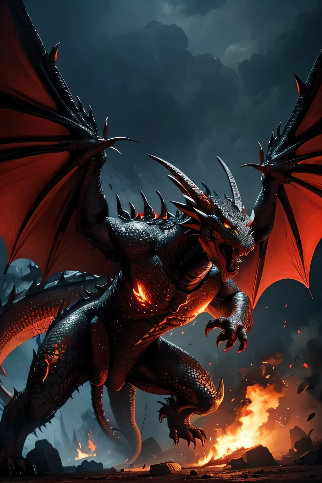 a dragon, angry emotion,vary dark and war scene, fire coming out from it mouth, about to fly motion