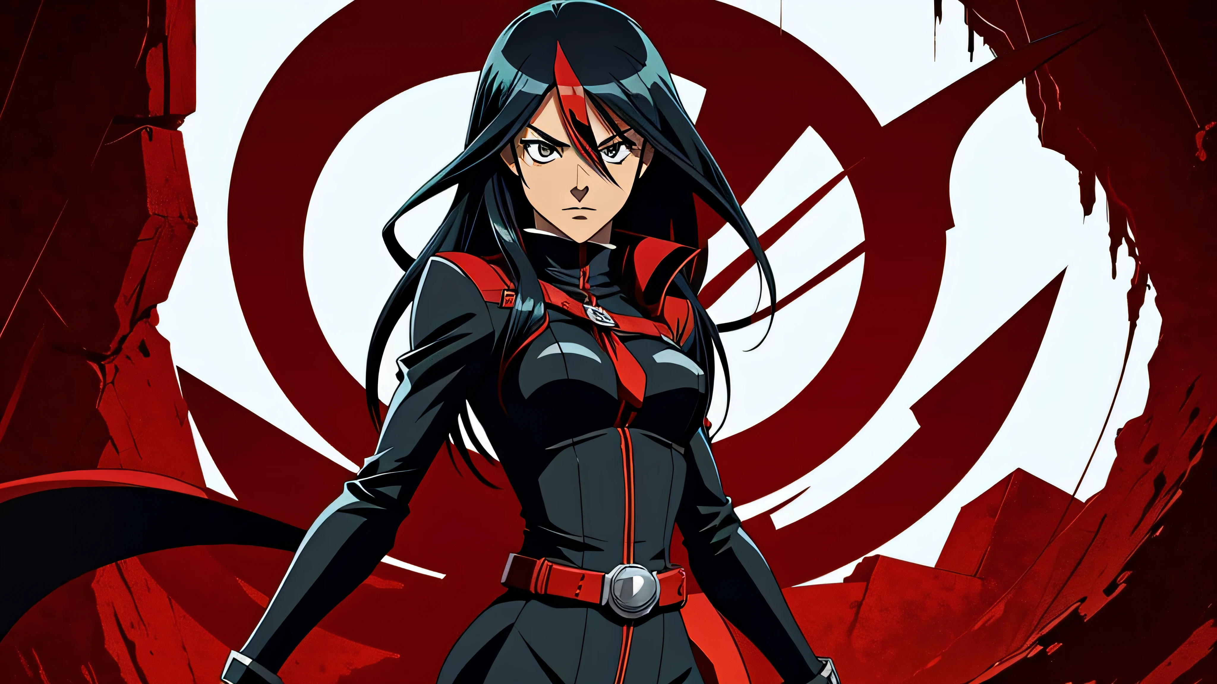 1 garota de anime, corpo inteiro, roupa preta e vermelha, akame ga kill, fundo ruas de tokyo