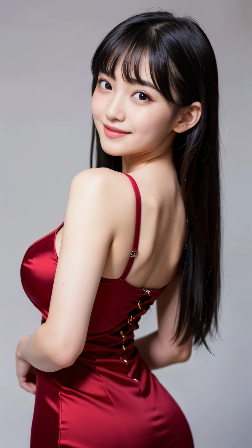 Best-quality, Masterpiece, Ultra-High-Resolution, (Photorealistic:1.4), Raw-Photo, 1girl, the most famous Japanese idol, -yeld, gring, looking at viewer, upturned ass, (wearing red gorgeous evening-dress with luxurious-design), (extremely cute face like the most popular Japanese idol), (extremely beautiful hair), (((extremely beautiful big-black-eyes))), extremely beautiful skins, extremely beautiful long-eyelashes, extremely beautiful lips, extremely beautiful short-body, extremely beautiful hip, detailed red-gorgeous-evening-dress-with-luxurious-design