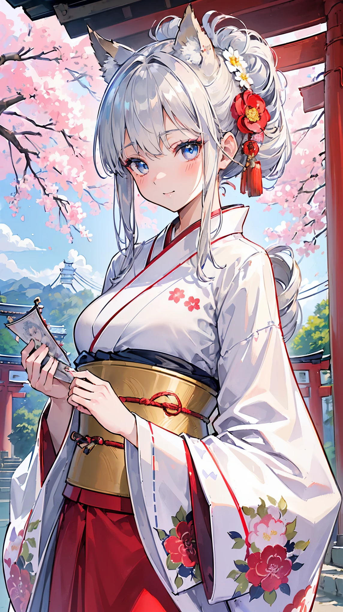(((Masterpiece))), (((Highest quality))), ((Ultra-detailed)), ((Super fine illustration)), ((Ultra-fine painting)), (16K highest quality wallpaper:1.4), (Upper body:1.6), HDR, (Highly detailed and delicate illustration style:1.8), Detailed skin texture, Detailed cloth texture, Extreme detailed description, (T-masterpiece), (Highly detailed face:1.2), (Highly detailed silver fox ears:1.2), (Highly detailed shiny silver half updo:1.2), (Highly detailed clear eyes:1.2), Original, RAW photo, Professional, Intricate details, Super details, Direct light:1.6, (Perfect ???????:1.4), (Highly detailed hands:1.2), (Highly detailed fingers:1.2), (Highly detailed fingertips:1.2), (16-years-old), Real, (Solo:1.8), ((A beautiful and cute silver fox girl who is an idol and wears a bright red long-sleeved kimono with a floral pattern:1.4)) BRAKE (Beautiful and adorable silver fox ears:1.6), (Highly detailed and delicate silver fox ears:1.4), (Beautiful and well-shaped big breasts:1.2), (Beautiful and well-shaped buttocks), (Beautiful and shiny silver half updo:1.6), (Highly detailed and delicate silver half updo:1.2), (Beautiful clear blue eyes that shine with great detail:1.6), (Highly detailed and delicate blue eyes:1.2), (Highly detailed face:1.4), (Smile:1.5), (Blush:1.4), (Looking at viewer:1.4), (Celebration:1.4) BRAKE (Bright red long-sleeved kimono with floral pattern:1.4), (Japanese traditional costume:1.2) BRAKE (Concept art:1.2), (Detailed fantasy art:1.2) BRAKE (Highly detailed and delicate Ise Grand Shrine in Mie Prefecture in the background just after noon in spring:1.6), (Standing in front of the torii gate:1.4), (Celebration:1.4), Ise Grand Shrine:1.4, Torii gate of Ise Shrine:1.4, cherry blossoms:1.2, Very beautiful in the sunny sky background just after noon:1.4 BRAKE