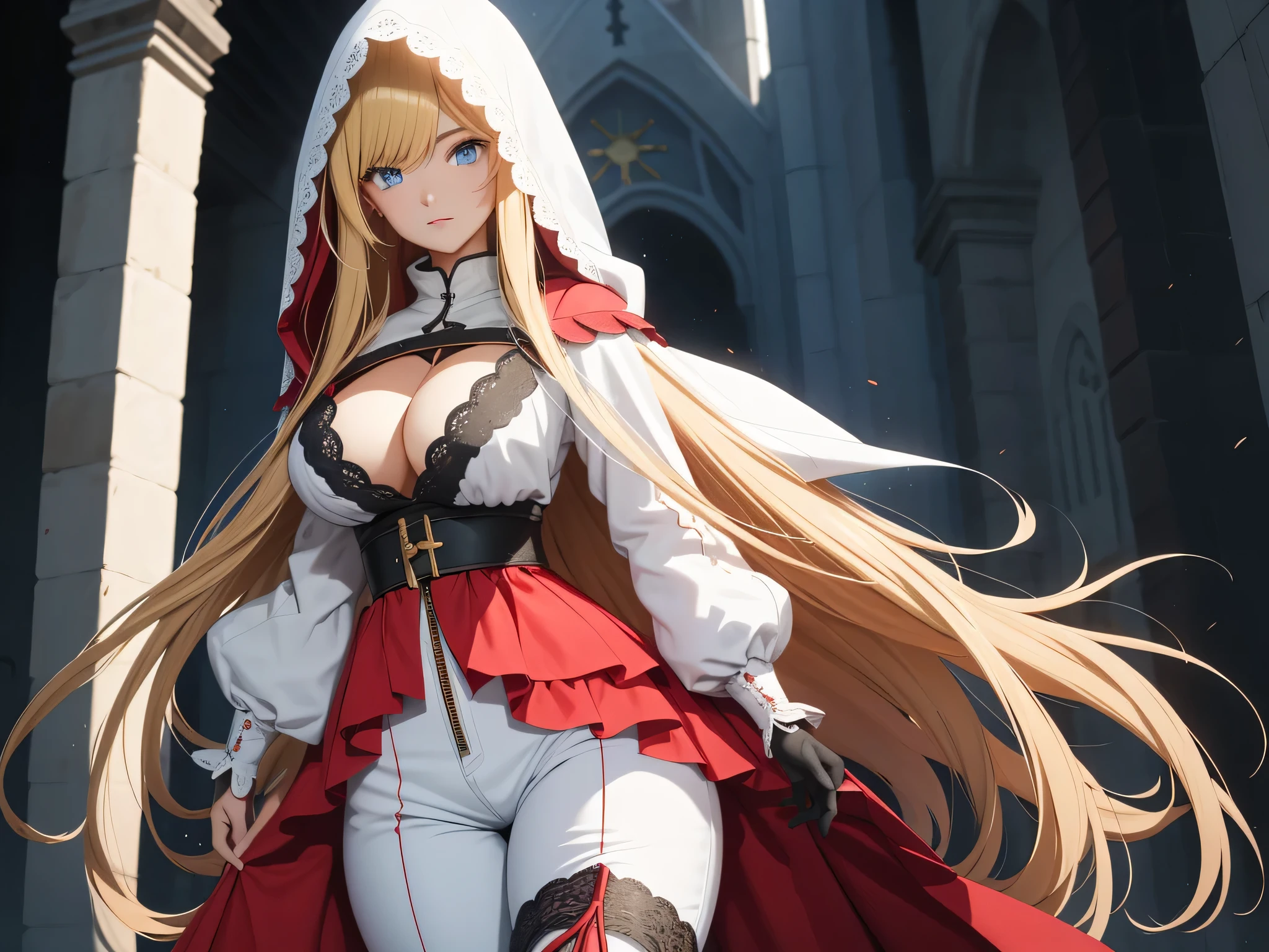Muy detallado, estilo animado, 1 chica, alone, tumba, ancho, pelo lacio, Rubio, blue eyes, escote, pechos enormes, Caderas anchas, White elegant assassin costume with hood behind the back., con volantes y encaje, wide leather belt, pantalones rojos largos muy ajustados, botas marrones altas que llegan hasta las rodillas, calles medievales renacentistas, dividir el cabello en el medio, Voluptuoso, colgante crucifijo, alone, guantes largos con encaje, Caminando, 