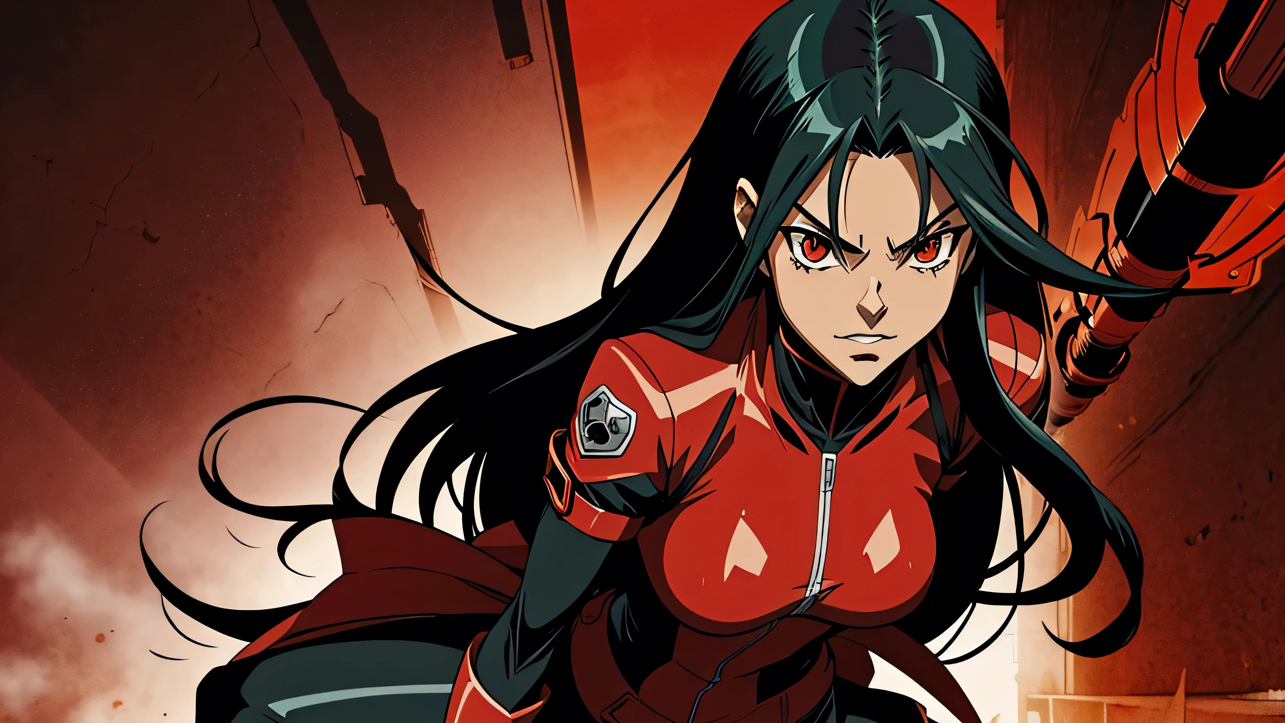 1 garota de anime, corpo inteiro, roupa preta e vermelha, akame ga kill, fundo ruas de tokyo