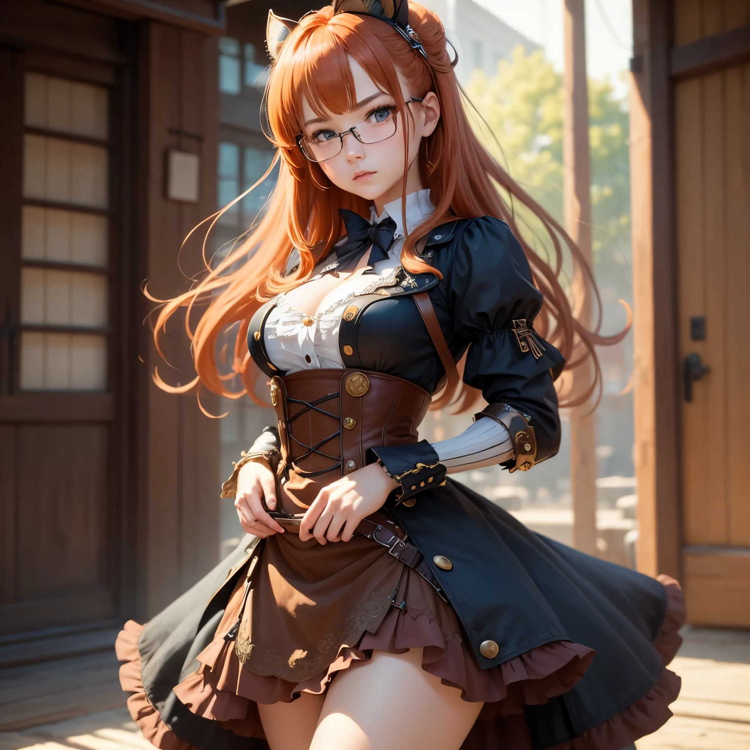 8k, masterpiece, best quality, realistic, higly detailed, cowboy shot, 1girl, solo, Itsuki Nakano, serious looking girl, medium-length hair, expressive ahoge, reddish-orange hair colour, a pair of star-shaped hairpins near both of her eyes, dark blue eyes, average height, well-endowed figure, wears glasses, cute, Steampunk
