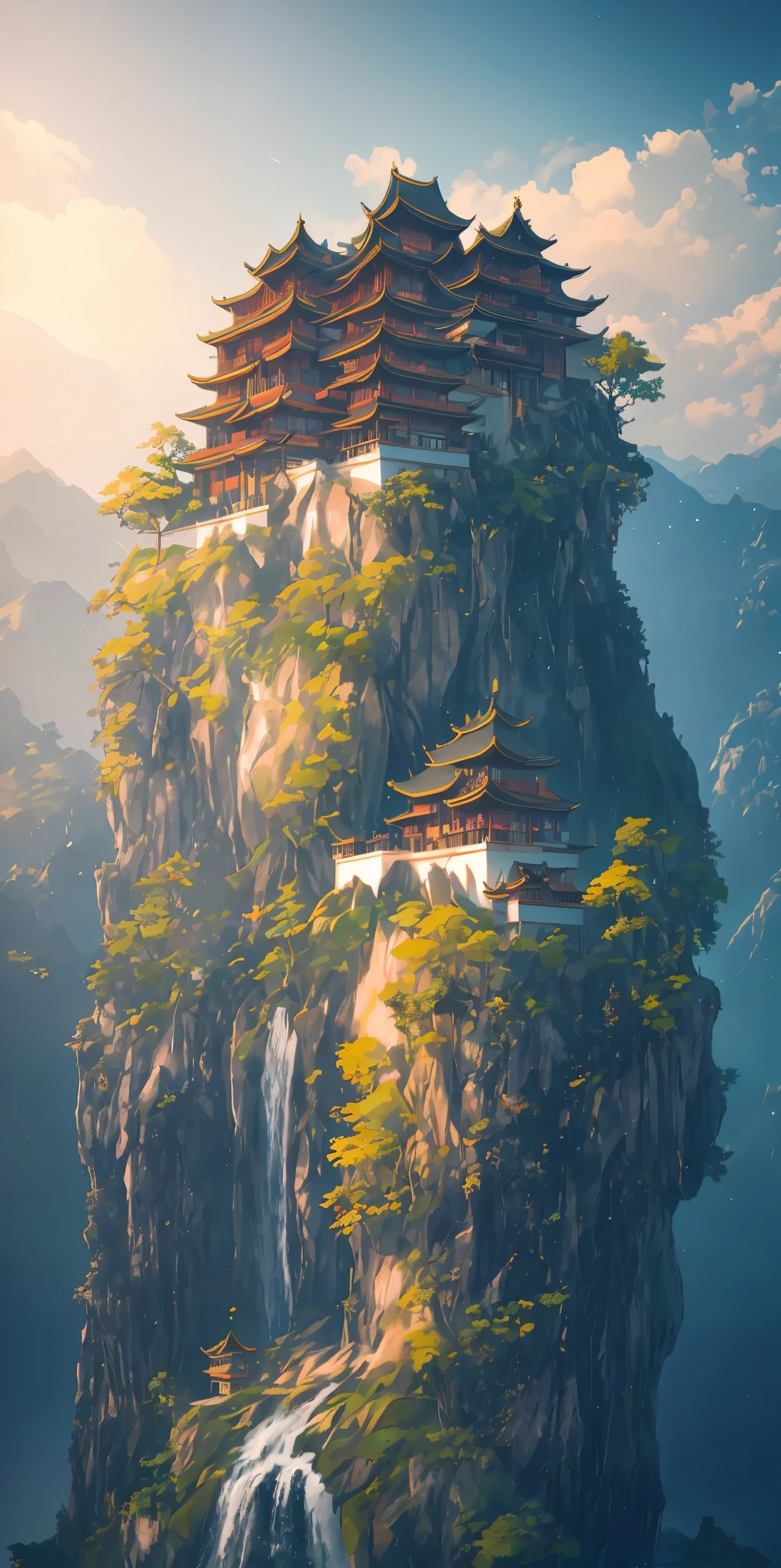 masterpiece, best quality, high quality, extremely detailed CG unity 8k wallpaper, outdoors, sky, cloud, night, no humans, mountain, A Chinese-style palace sits on the hillside, moonlight, cinemagraph, landscape, water, tree, dark sky, waterfall, cliff, nature, lake, river, cloudy sky,award winning photography, Bokeh, Depth of Field, HDR, bloom, Chromatic Aberration ,Photorealistic,extremely detailed, trending on artstation, trending on CGsociety, Intricate, High Detail, dramatic, art by midjourney