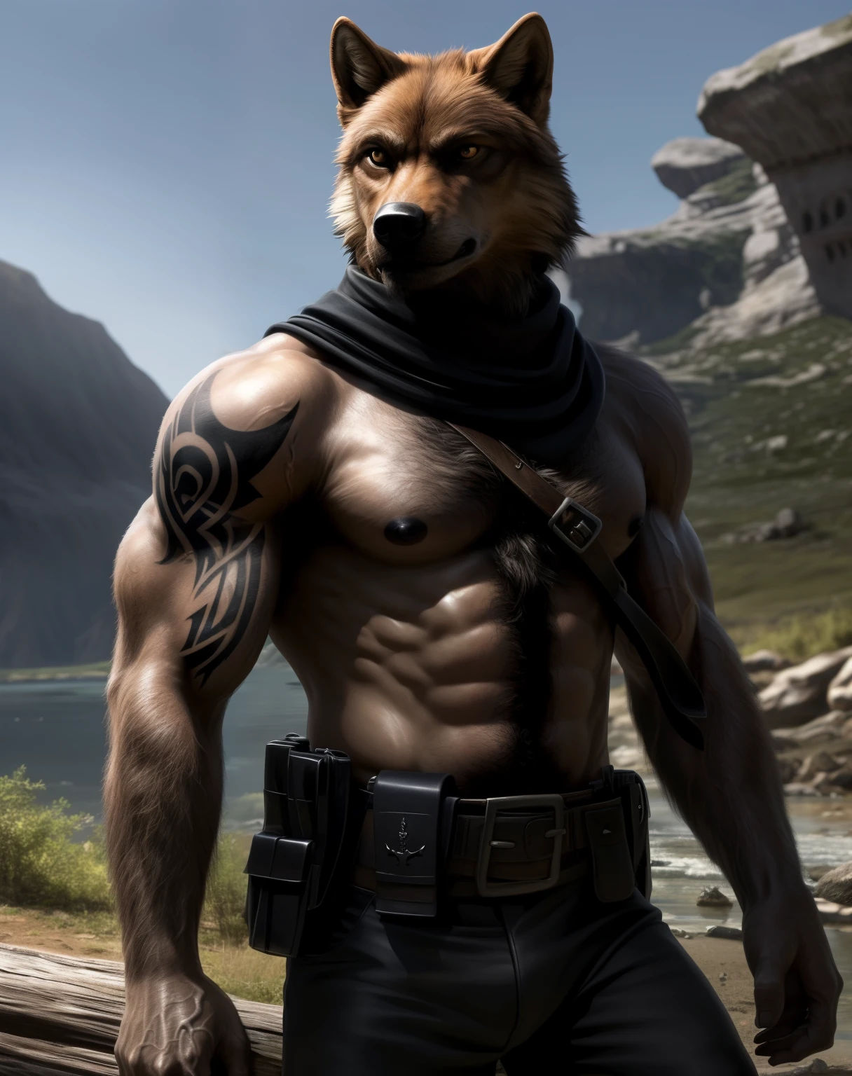 anthro, brown wolf, solo, male, adult, veiny muscles, athletic skinny body, dark black pants, terrorist, bad guy, criminal, pirate, serious look, small eye, furred body, furry chest hair, detailed background, wilderness background, clear weather, realistic, photorealistic, ultra realistic, 8k, bare-chested, black nipples, tight crotch, shirtless, utility belt, glistening skin, tattoo on torso, black scarf, black harnesses,