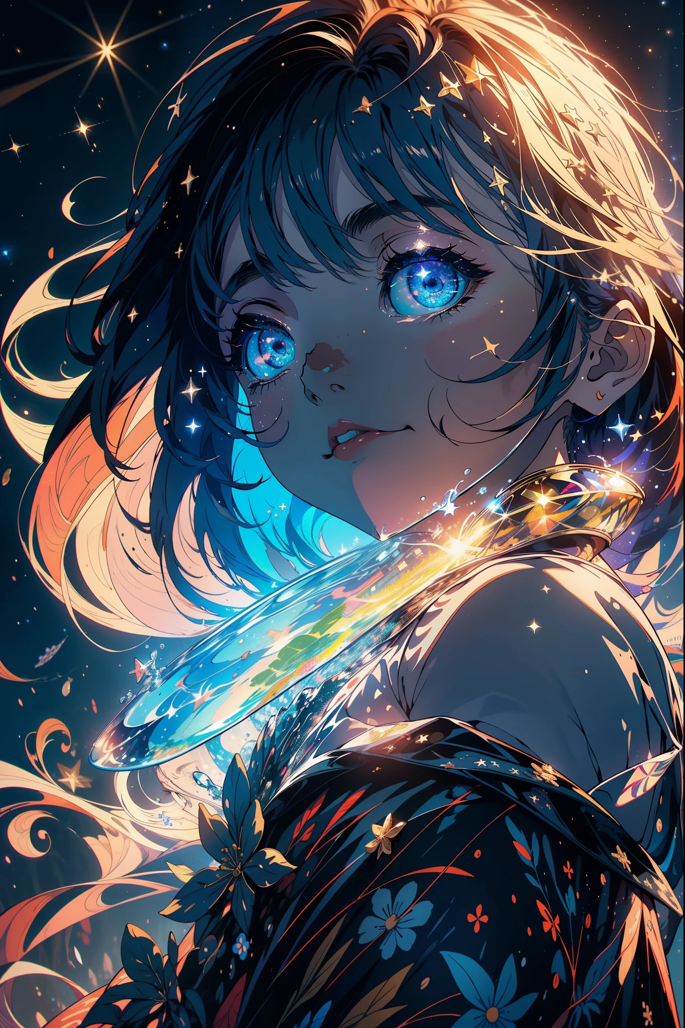 master part, gorgeous, Landscape, (((DDIM_HumaDDIMs))), Noite, flor, Jardim, Starry sky, constellations, atordoante, vista, water, quente, aconchegante, peaceful, Meteoro, cosmico, Magic, magia, particuls, Justo, ((Pirilampos))
