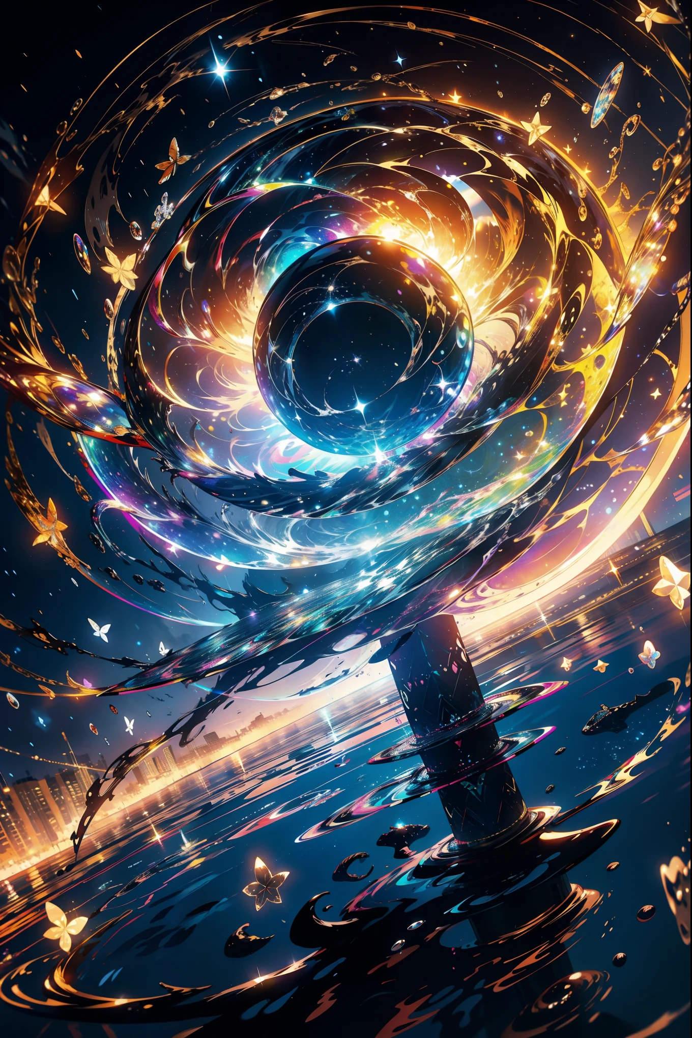 master part, gorgeous, Landscape, (((DDIM_HumaDDIMs))), Noite, flor, Jardim, Starry sky, constellations, atordoante, vista, water, quente, aconchegante, peaceful, Meteoro, cosmico, Magic, magia, particuls, Justo, ((Pirilampos))