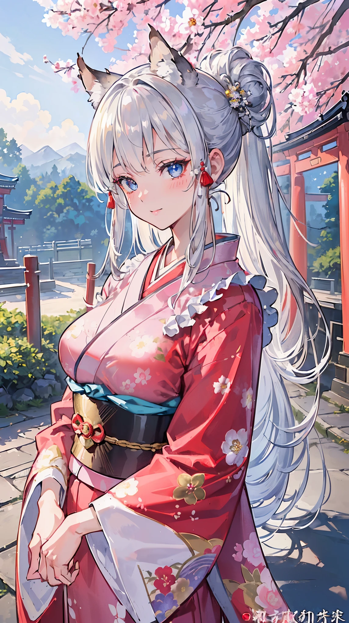 (((Masterpiece))), (((Highest quality))), ((Ultra-detailed)), ((Super fine illustration)), ((Ultra-fine painting)), (16K highest quality wallpaper:1.4), (Upper body:1.6), HDR, (Highly detailed and delicate illustration style:1.8), Detailed skin texture, Detailed cloth texture, Extreme detailed description, (T-masterpiece), (Highly detailed face:1.2), (Highly detailed silver fox ears:1.2), (Highly detailed shiny silver half updo:1.2), (Highly detailed clear eyes:1.2), Original, RAW photo, Professional, Intricate details, Super details, Direct light:1.6, (Perfect anatomy:1.4), (Highly detailed hands:1.2), (Highly detailed fingers:1.2), (Highly detailed fingertips:1.2), (-yeld), R, (Solo:1.8), ((A beautiful and cute silver fox girl who is an idol and wears a bright red long-sleeved kimono with a floral pattern:1.4)) BRAKE (Beautiful and adorable silver fox ears:1.6), (Highly detailed and delicate silver fox ears:1.4), (Beautiful and well-shaped big breasts:1.2), (Beautiful and well-shaped buttocks), (Beautiful and shiny silver half updo:1.6), (Highly detailed and delicate silver half updo:1.2), (Beautiful clear blue eyes that shine with great detail:1.6), (Highly detailed and delicate blue eyes:1.2), (Highly detailed face:1.4), (Smile:1.5), (Blush:1.4), (Looking at viewer:1.4), (Celebration:1.4) BRAKE (Bright red long-sleeved kimono with floral pattern:1.4), (Japanese traditional costume:1.2) BRAKE (Concept art:1.2), (Detailed fantasy art:1.2) BRAKE (Highly detailed and delicate Ise Grand Shrine in Mie Prefecture in the background just after noon in spring:1.6), (Standing in front of the torii gate:1.4), (Celebration:1.4), Ise Grand Shrine:1.4, Torii gate of Ise Shrine:1.4, cherry blossoms:1.2, Very beautiful in the sunny sky background just after noon:1.4 BRAKE