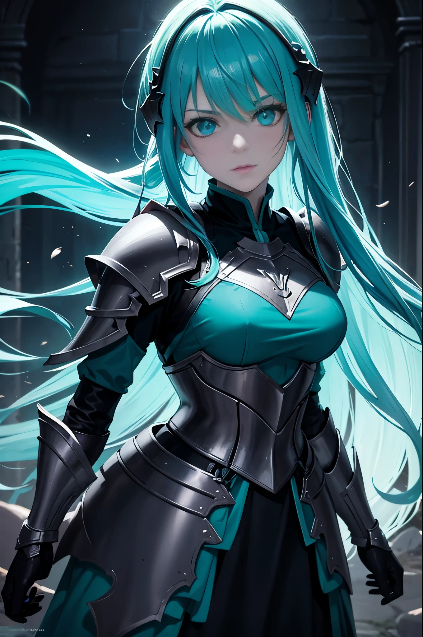 beautiful knight woman, turquoise hair, turquoise eyes, young adult, fantasy medieval armor, night scenario, pitch black scenario, dark dungeon scenario, darker scenario, bright flames over her chest, portrait, high contrast image, anime style