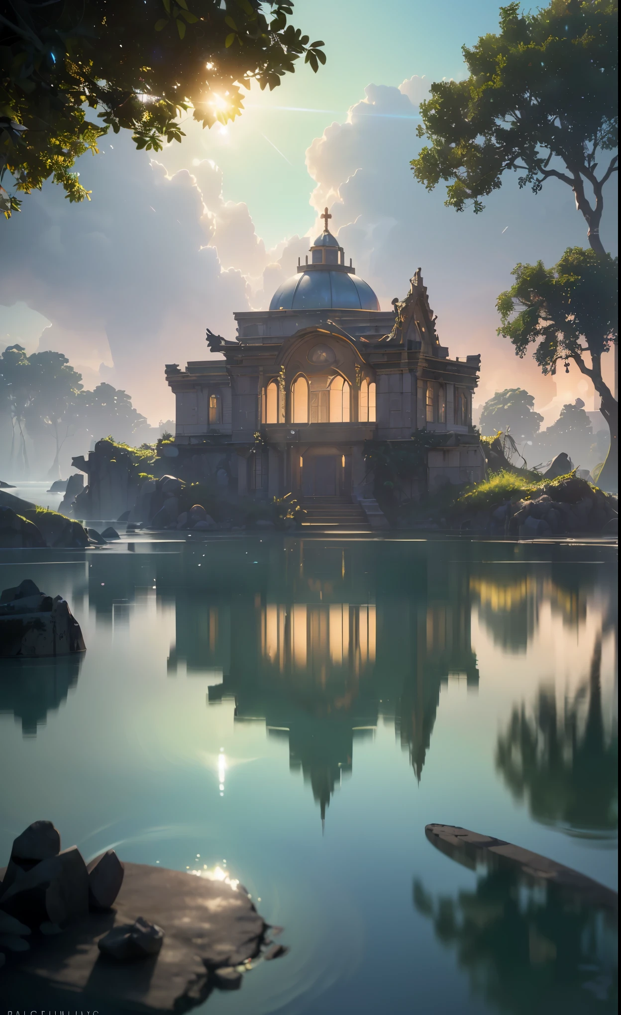 (8k, RAW photo, best quality, masterpiece:1.2), (realistic, photo-realistic:1.37), octane render, ultra high res, ultra-detailed, professional lighting, photon mapping, radiosity, physically-based rendering, ue5, ((island sanctuary)), ((ancient fallen kingdom)), ((reflections in water)), ((raytracing)), ((drowned city))
