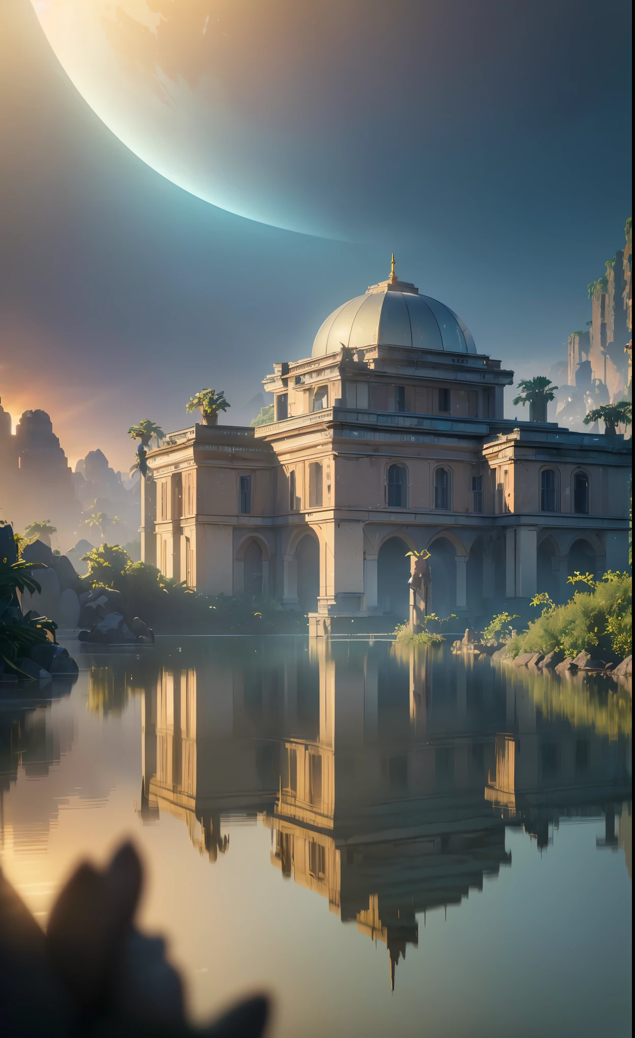 (8k, RAW photo, best quality, masterpiece:1.2), (realistic, photo-realistic:1.37), octane render, ultra high res, ultra-detailed, professional lighting, photon mapping, radiosity, physically-based rendering, ue5, ((island sanctuary)), ((ancient fallen kingdom)), ((reflections in water)), ((raytracing)), ((drowned city))