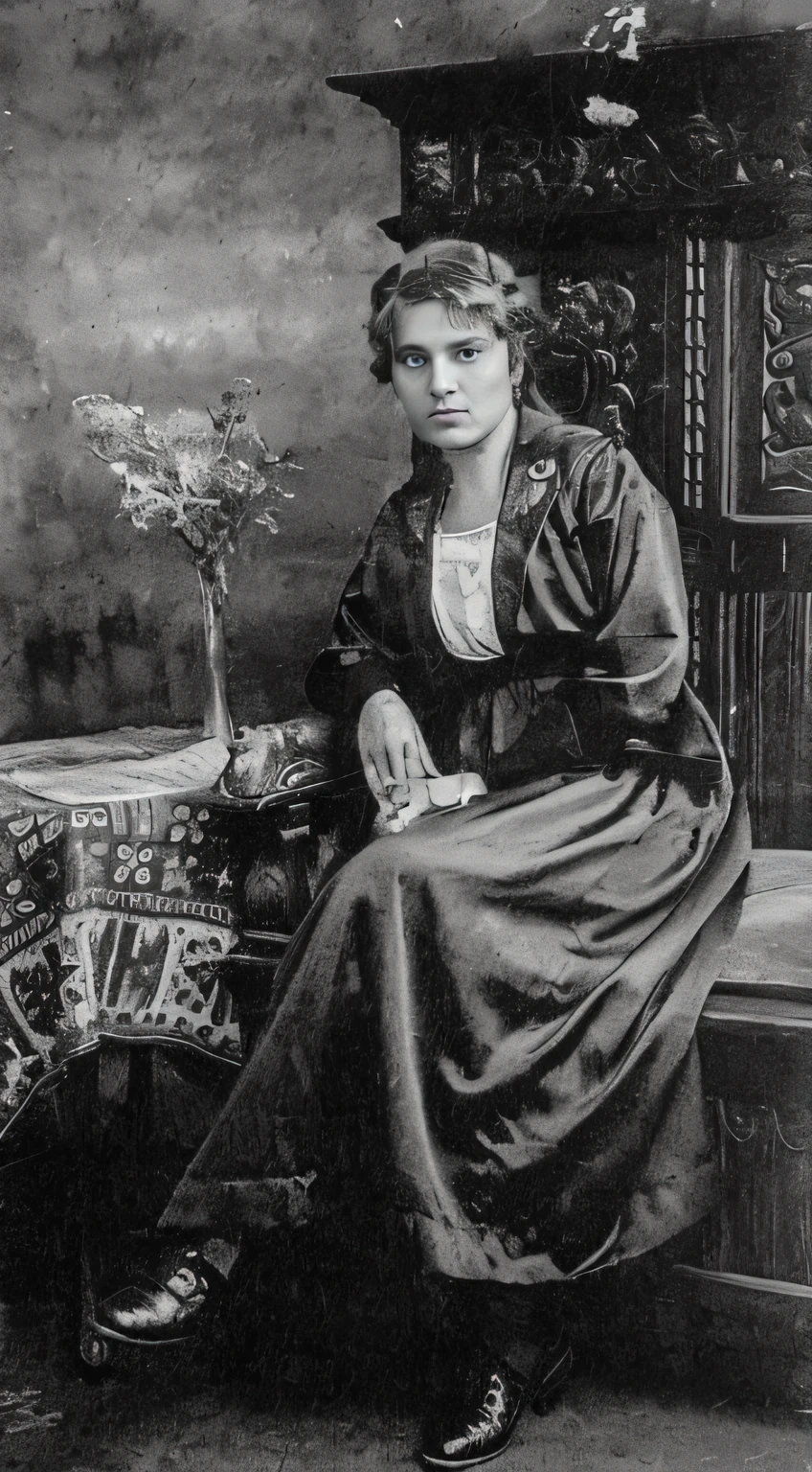 arafed photo of a 40 year old woman sitting on a chair with a vase of flowers., Anna Kovalevskaya, maria panfilova, by María Johanna Görtz, nettie wakefield, magdalena radziej, Maria Fortuny, anastasia ovchinnikova, anna nikonova, Teniente Elsie pocos, by Bernáth Aurél