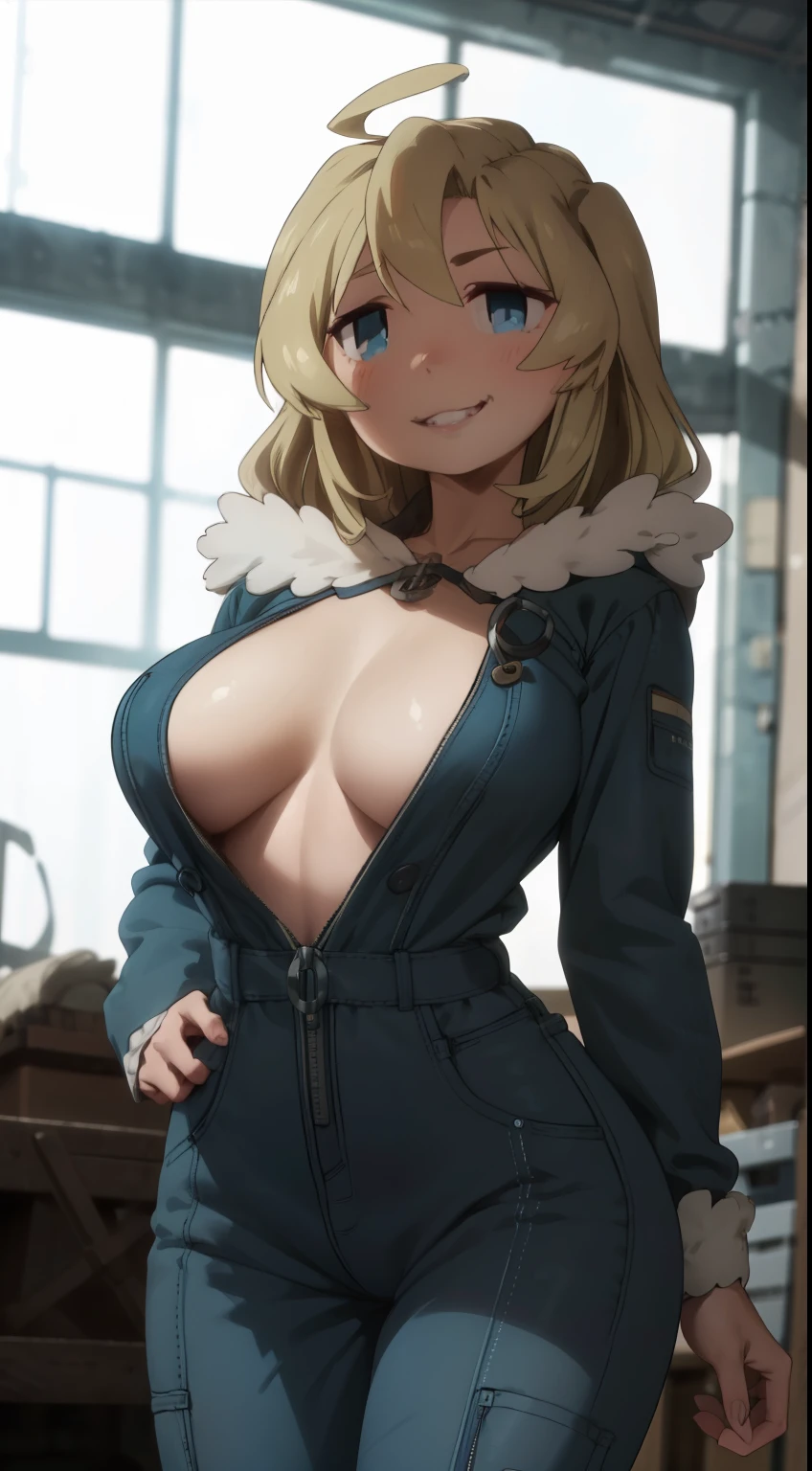 masterpiece, highest quality, best quality, official art, beautiful and aesthetic: 1.2), (1girl), extremely detailed, (fractal art: 1.3), colorful, highest detailed, perfect face, upper body, HDR, bright colors, yuuri, garage,  mechanic, standing, breast focus, breasts, large breasts, bare breasts, naked, nude, boob window, sexy, wide hips, thicc figure, Detailed blue eyes, Detailed face, Detailed eyes, perfect face, perfect eyes, wearing blue overall jumpsuit, overall jumpsuit, blue jumpsuit, breast window, naked breasts, smug, smug grin, smug expression, fangs