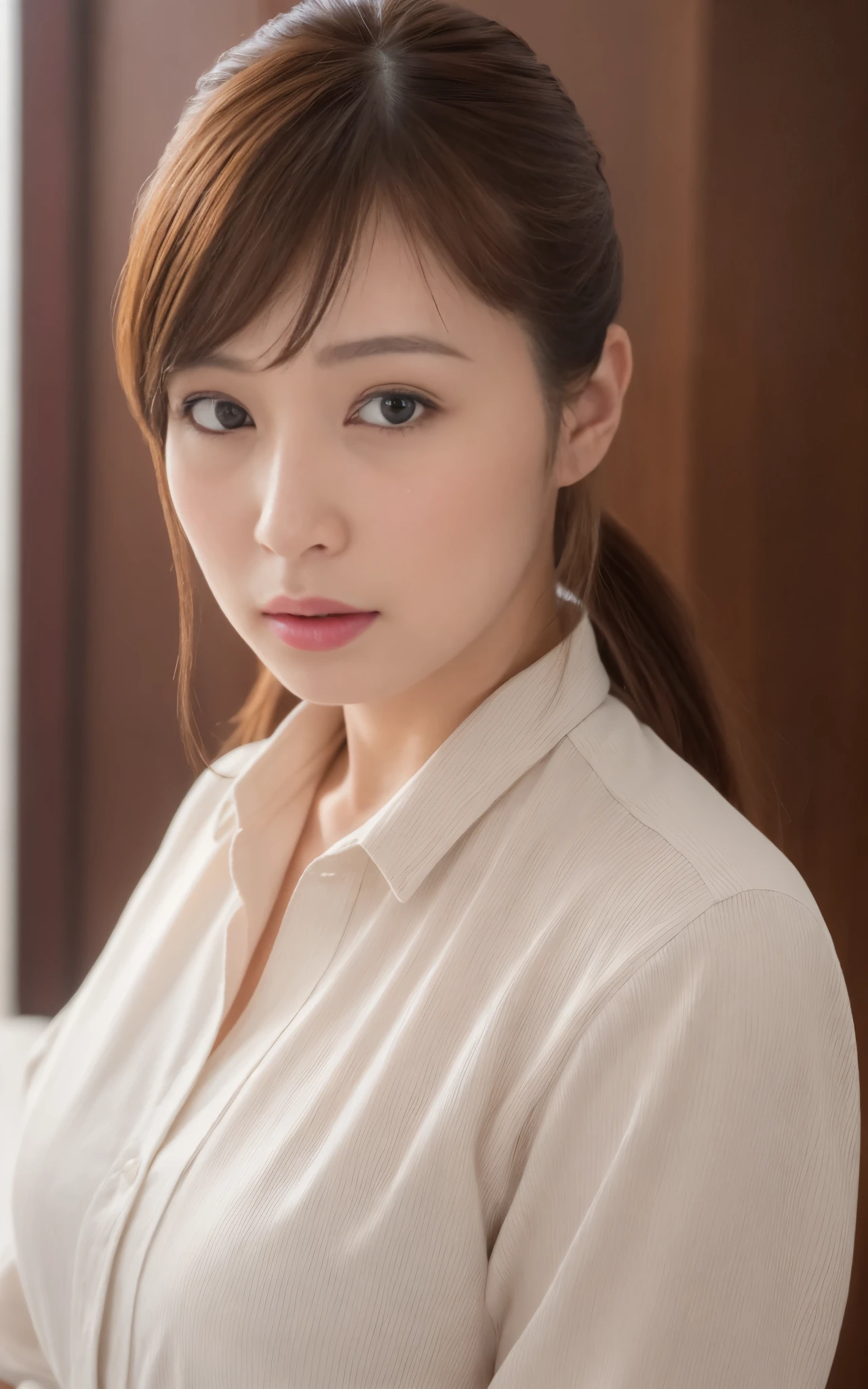 (Best quality, 8k, 32k, Masterpiece, UHD:1.2), from behind, 1 girl, beautiy Japanese office lady, (sorrow:0.5), (open mouth:0.5, looking at the viewer), 30 years old, bit chubby, white shirt, black skirt, office room, desk, detailed beautiful face, pony-tail hair, from above,