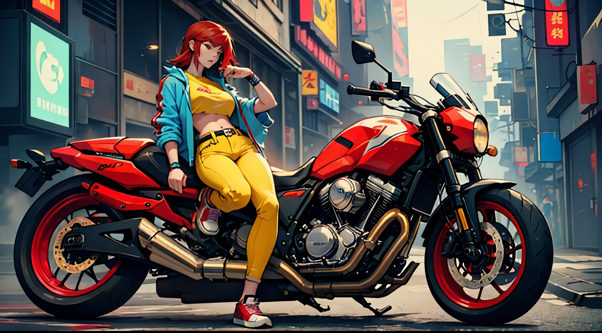 cyberpunk girl, yellow shirt, blue pants, red sneakers, red hair, detailed, next to a red motorcycle