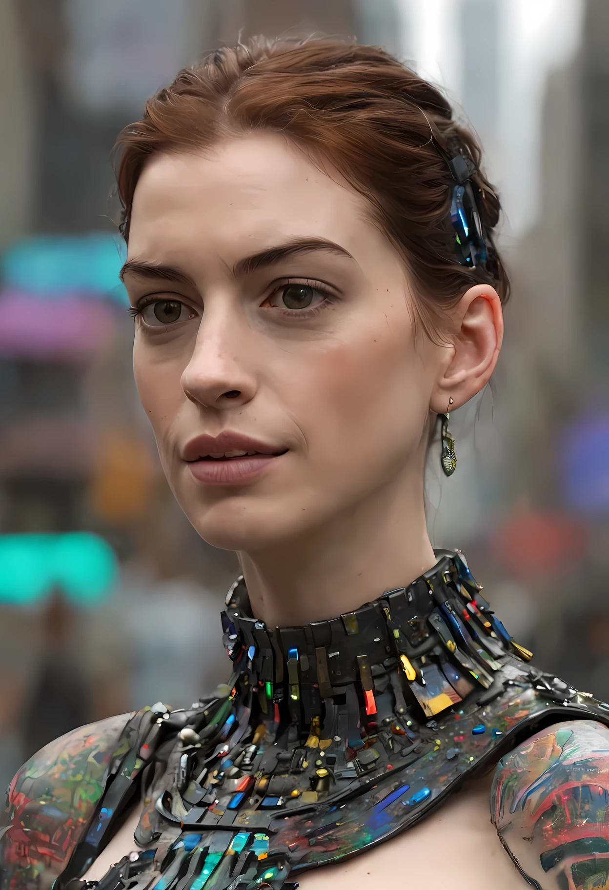 3d model of  Anne Hathaway (((ohwx woman))) wearing a dress that is a mix of cyberpunk dress and Nordic Viking armor, tribal tattoos in neon colours painted on the body and face, highly detailed and realistic 4k octane render unreal engine 5 trending on artstation hq. intricate portrait with many details digital artwork, blue and red and green background bokeh pixar 8K in style cyberpunk 2077 colors neon, surrealism, photorealistic highlights & shadow depth, painting, 3D rendered, movie still photo-real, delicate ceramic black plastic texture white scene bioluminiscence iridescent atlantis face ocean misty water reflectionomas kinkade futuristic metropolis film no, full shot, low angle