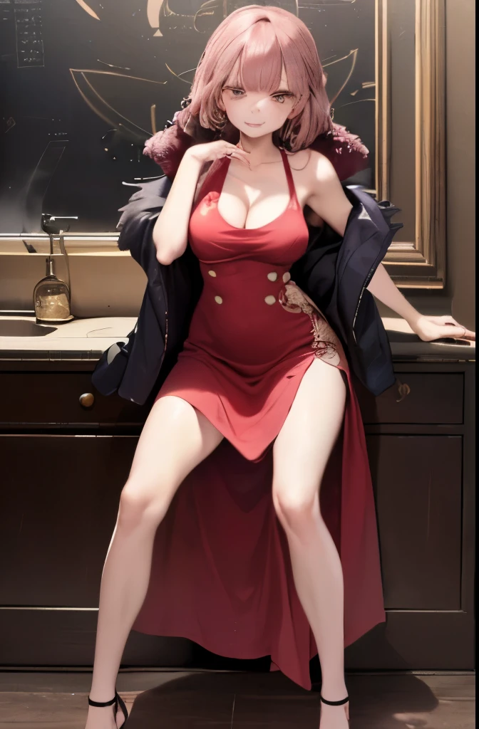 ((masterpiece、high quality、High resolution、4K, 8K, Blue archive official art、live-action)),detailed person、detailed face、detailed eyes、fine eyes、 (dripping sweat、oil skin,sparkling skin、realistic skin texture、detailed beautiful skin、shiny skin, big breasts、beautiful thighs, mature pretty woman、transparent eyes、sexy、(slender body and limbs,), (random pose) , ((clear eyes、double eyelid、big breasts))、((character : Aru Rikuhachima 、Blue Archive))、No buttons(A bright red long dress with a wide open neckline:1.8)、brown coat with fur、night scenery、building at night、dark、lights out、grayscale:27、full of embarrassment、blush、bright red face、shy、((slender、beautiful feet、low length))、standing pose、((steam,sweat,wat))、(Dress with deep slit)、With a bewitching smile、red stiletto heels