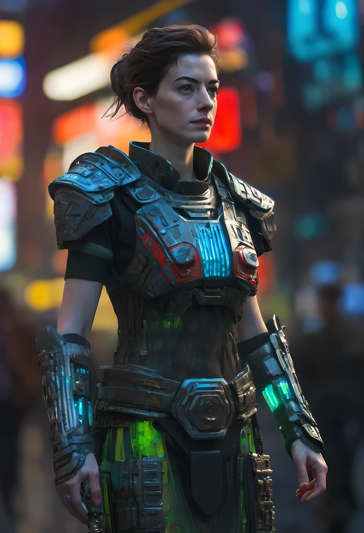 3d model of  Anne Hathaway (((ohwx woman))) wearing a dress that is a mix of cyberpunk dress and Nordic Viking armor, tribal tattoos in neon colours painted on the body and face, highly detailed and realistic 4k octane render unreal engine 5 trending on artstation hq. intricate portrait with many details digital artwork, blue and red and green background bokeh pixar 8K in style cyberpunk 2077 colors neon, surrealism, photorealistic highlights & shadow depth, painting, 3D rendered, movie still photo-real, delicate ceramic black plastic texture white scene bioluminiscence iridescent atlantis face ocean misty water reflectionomas kinkade futuristic metropolis film no, full shot, low angle