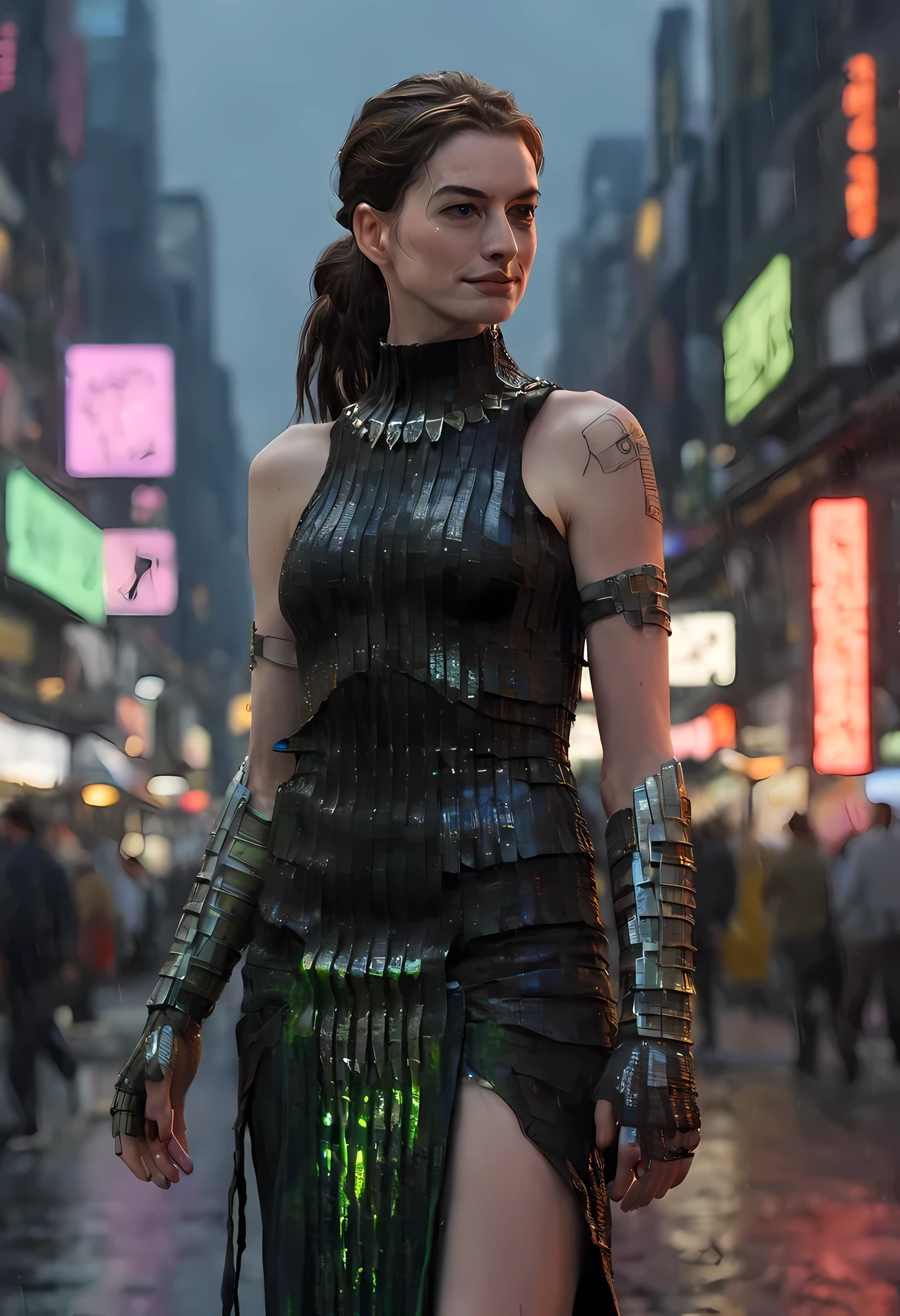 3d model of  Anne Hathaway (((ohwx woman))) wearing a dress that is a mix of cyberpunk dress and Nordic Viking armor, tribal tattoos in neon colours painted on the body and face, highly detailed and realistic 4k octane render unreal engine 5 trending on artstation hq. intricate portrait with many details digital artwork, blue and red and green background bokeh pixar 8K in style cyberpunk 2077 colors neon, surrealism, photorealistic highlights & shadow depth, painting, 3D rendered, movie still photo-real, delicate ceramic black plastic texture white scene bioluminiscence iridescent atlantis face ocean misty water reflectionomas kinkade futuristic metropolis film no, full shot, low angle