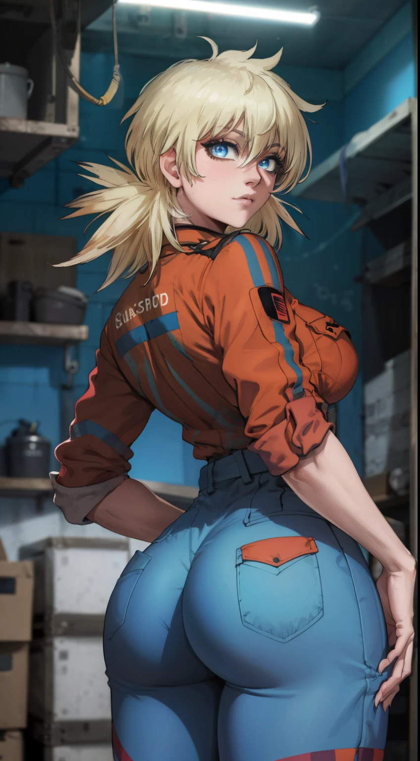 masterpiece, highest quality, best quality, official art, beautiful and aesthetic: 1.2), (1girl), extremely detailed, (fractal art: 1.3), colorful, highest detailed, perfect face, upper body, HDR, (prayer: 1.3), (dynamic stripes, luminous traces: 1.2), bright colors, seras, garage,  mechanic, standing, ass focus, breasts, large ass, bare ass, naked, nude, ass window, sexy, wide hips, thicc figure, Detailed blue eyes, Detailed face, Detailed eyes, perfect face, perfect eyes, wearing blue jumpsuit, jumpsuit, blue jumpsuit, looking back, looking at viewer 