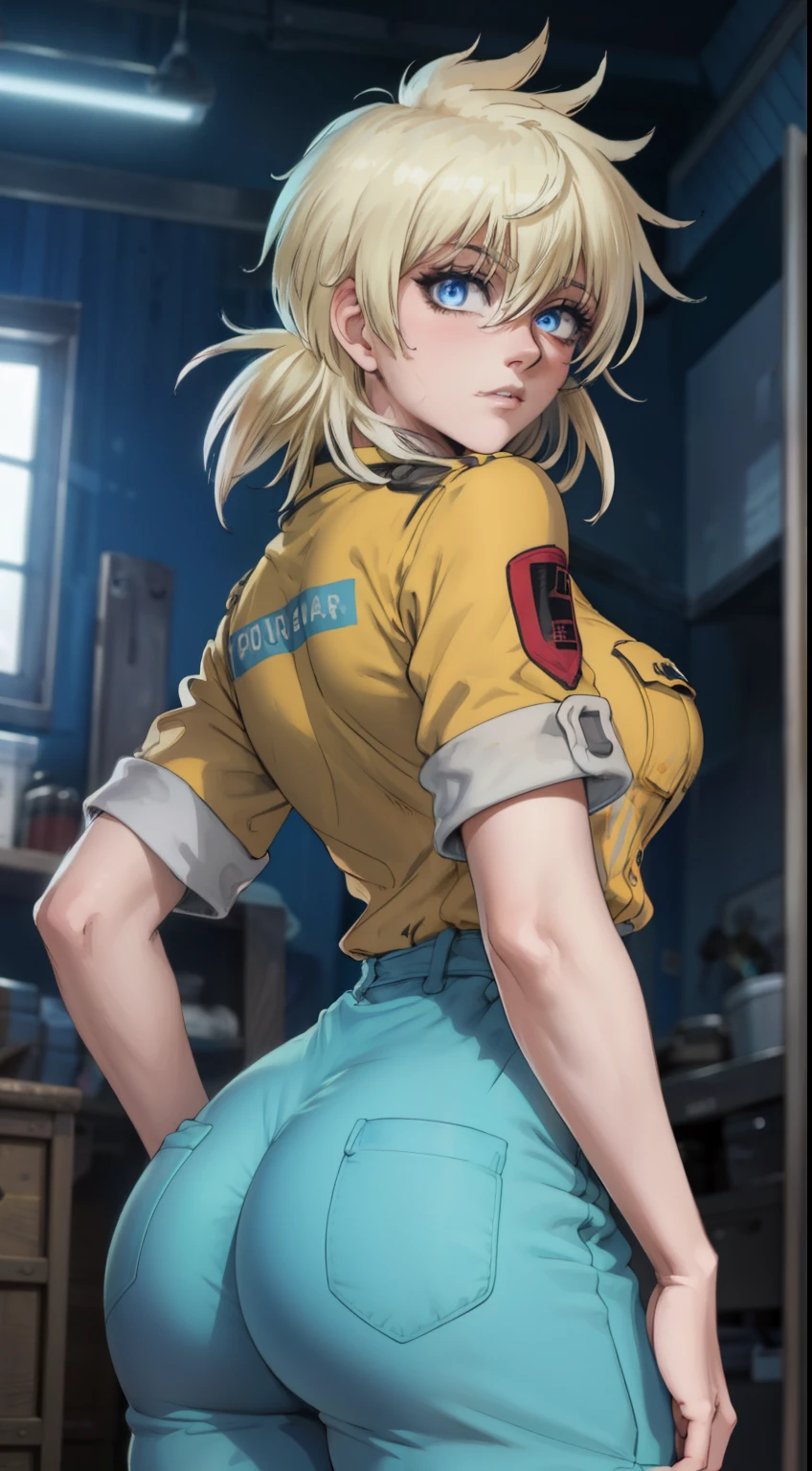 masterpiece, highest quality, best quality, official art, beautiful and aesthetic: 1.2), (1girl), extremely detailed, (fractal art: 1.3), colorful, highest detailed, perfect face, upper body, HDR, (prayer: 1.3), (dynamic stripes, luminous traces: 1.2), bright colors, seras, garage,  mechanic, standing, ass focus, breasts, large ass, bare ass, naked, nude, ass window, sexy, wide hips, thicc figure, Detailed blue eyes, Detailed face, Detailed eyes, perfect face, perfect eyes, wearing blue jumpsuit, jumpsuit, blue jumpsuit, looking back, looking at viewer 