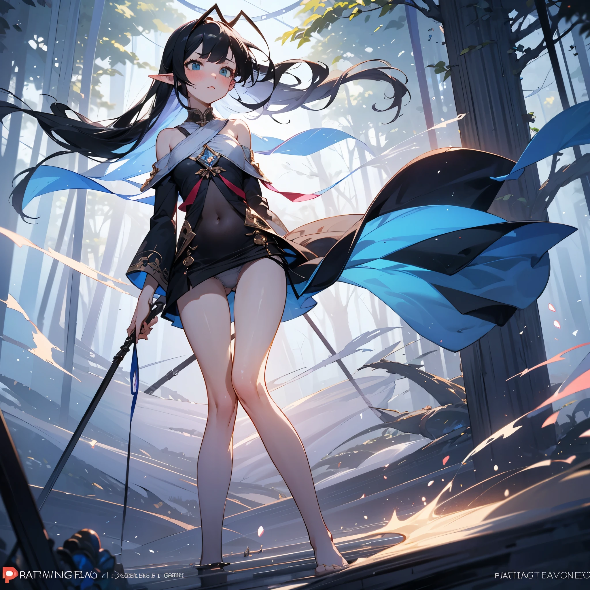 (Perspective Drawing), (Highest Quality), Charming, Rich Detail, Reality, 1girl, Girly, Cute, ((Black Hair)), Dimensional, wandering robe outfit, Light Eyes, elf ears, Off-the-Shoulders, ((Navel Baring)), (standing in mystical forest, balanced, Legs Clamped, Hands Pressed Down, Gaze Dodged, ((short dress Floating)), ((Panties)), (black Stockings), (serious), Blushing, (Looking Up at the Camera)