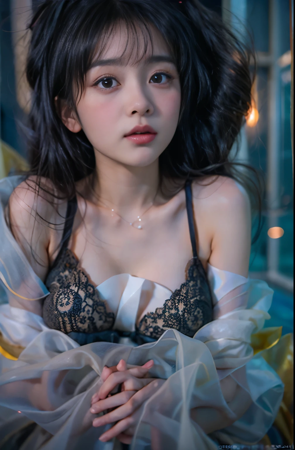 masterpiece、highest quality、cinema、(Details of both eyes)、(cute japanese woman、bangs:1.3)、23 years old、1 girl、elegant、black hair、(auraroid photo:1.2)、night、pool、(shy:1.9)