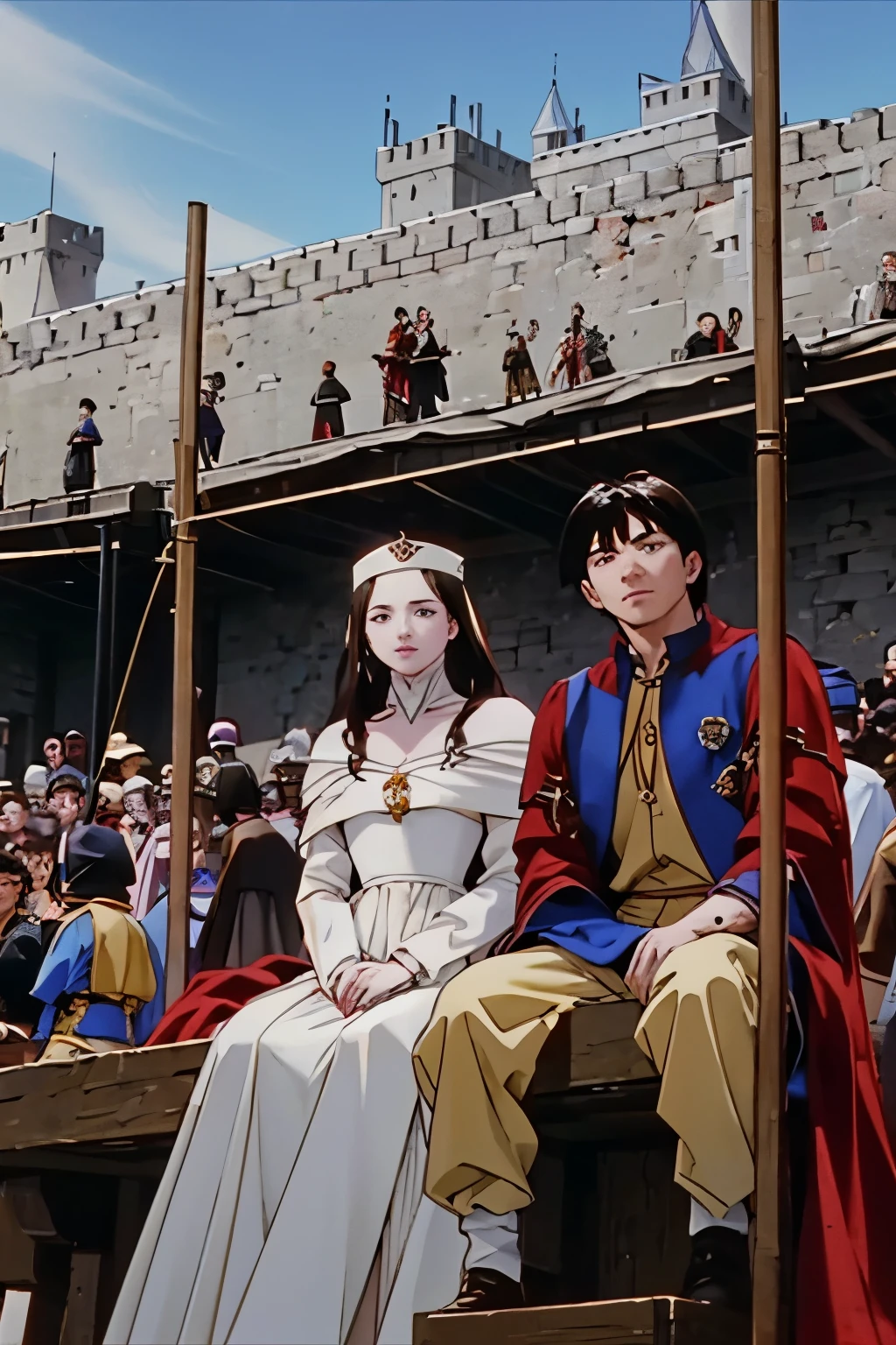 chopped plane of a very young male prince and a queen sitting on a platform watching a medieval execution, young male prince and sadistic queen sitting on a platform watching the violent medieval execution, violent medieval execution, young male prince, sadistic queen, chopped plane, masterpiece 