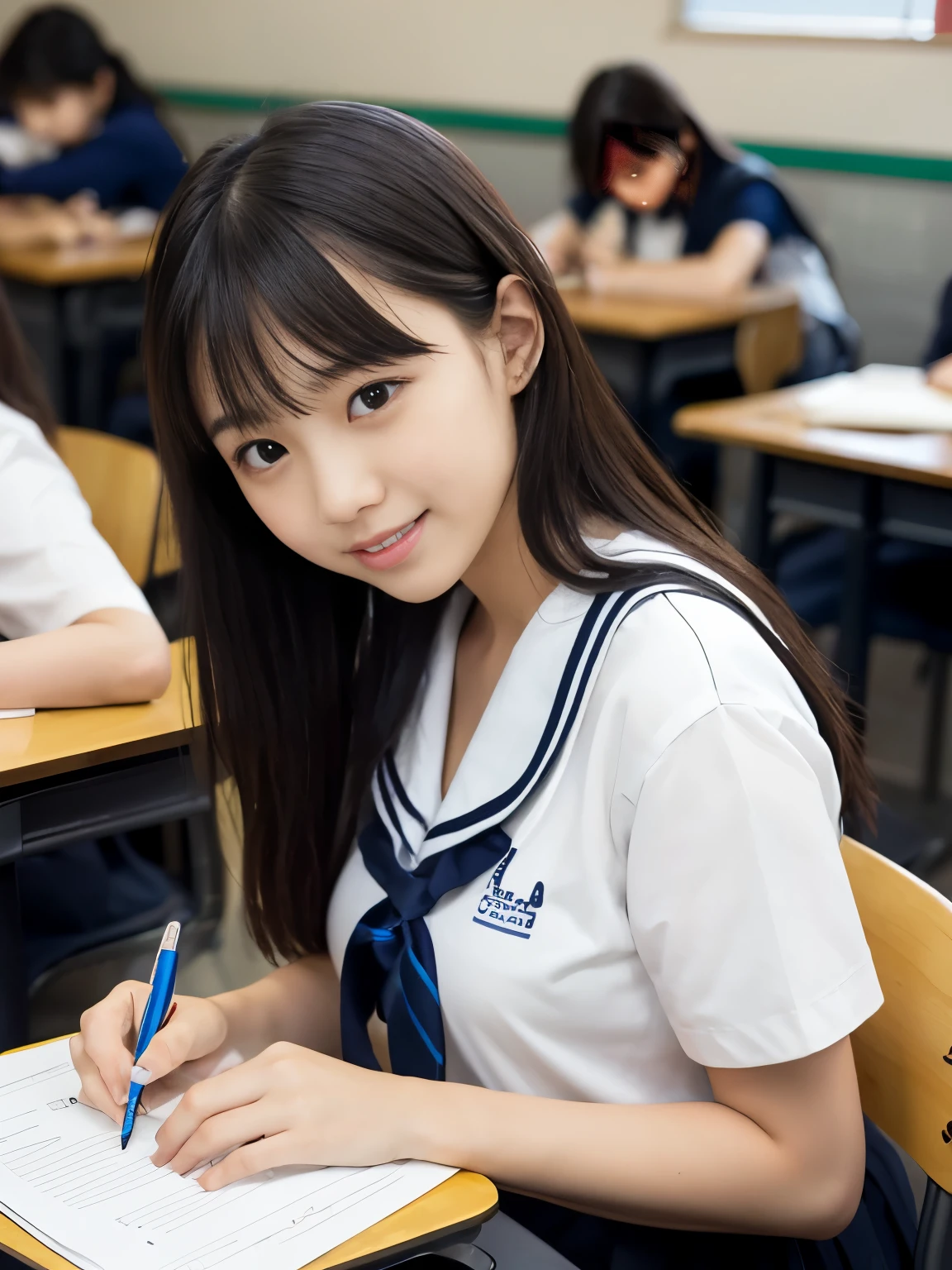 super highest quality, Japanese, real、open your mouth and laugh, small face、Mr.々hairstyle, girl, 17 years old, whole body, many students in the background、high school,sailor suit、navy blue skirt, daytime, In the classroom, During class、she sits next to me、The desk is facing the blackboard.、Taken from the seat next to me、Face down、Notebook and pencil case on the desk、 cute, beauty, big breasts、