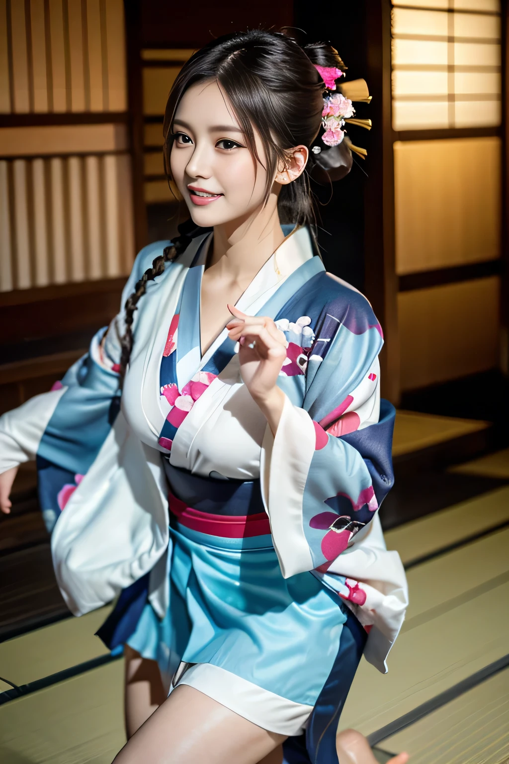 Idol,With a round face,A smile that makes people happy,Classroom wall and window on background,(((Intense dance motion:1.3))),(Spread your hands and dance rhythmically:1.3),(((Dance that emphasizes breasts:1.3))),(stand up and put one knee up:1.3),Add motion blur effects to simulate motion,(Dynamic and sexy dance poses),(lean forward:1.3),((( kimono:1.3))),big and full breasts,Disturbance of clothing due to movement,(Skirt rises with dance movements:1.3)(flower hair ornament,floral braided top knot,twisted side part ponytail,floral braided headband,half up、floral braided space buns,voluminous fishtail braid,Twisted pan,),(See-through bang),(dynamic angle),(dynamic and sexy pose),very delicate and beautiful hair,hair floating on big chest,look at the audience,(professional lighting),highest quality,Ultra high resolution output image,(8K quality,),(sea art 2 mode.1),(Image mode Ultra HD,),beautiful hands,beautiful fingers,Detailed functions of fingers,Detailed features of the wear,Detailed characteristics of hair,detailed facial features,