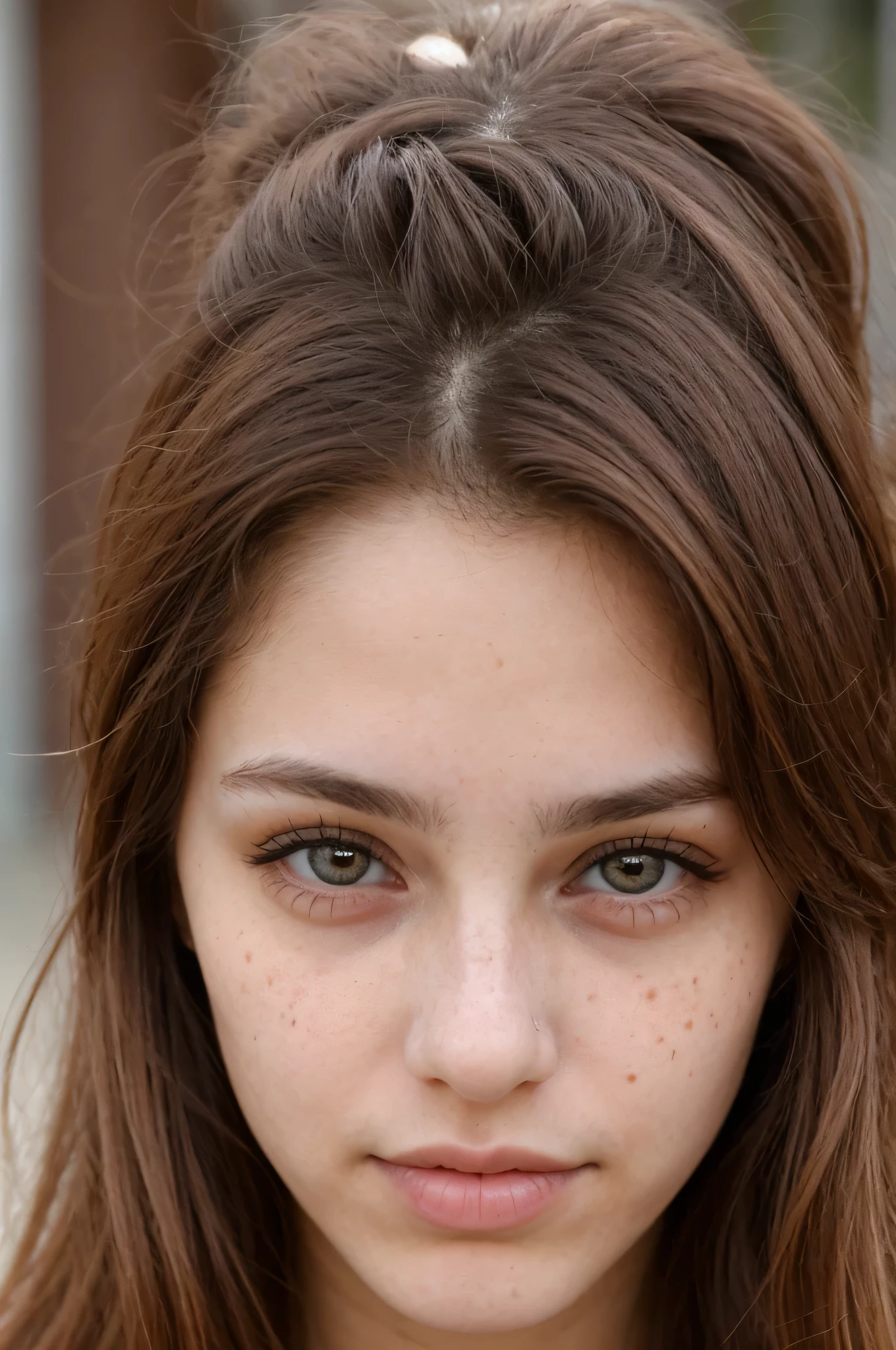 20 year old girl, con ojos grises, pelaje color cobre, sexy, con cara tierna, pecas en la cara, hiperdetallada, realista, Luz tenue