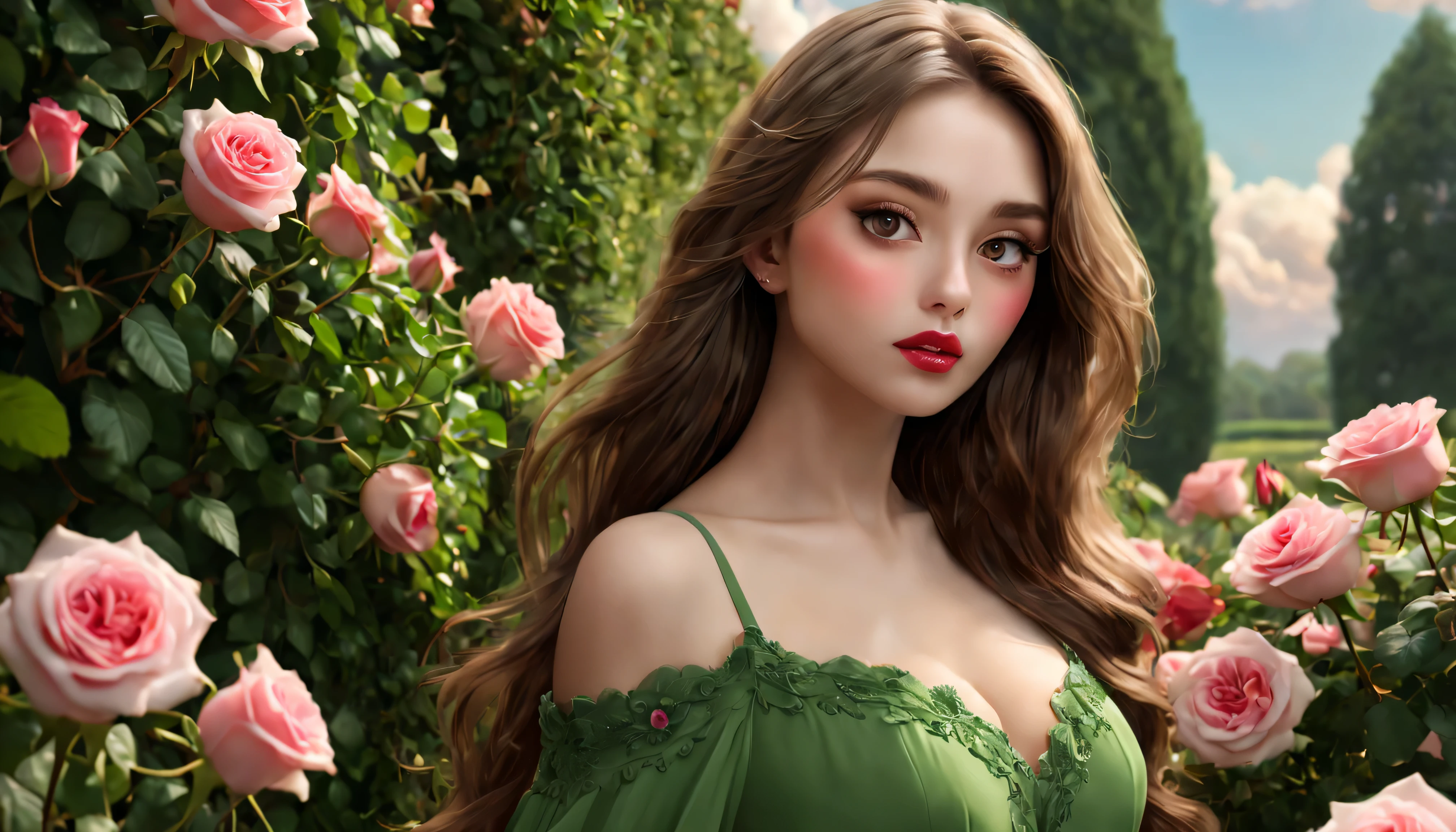 (best quality,4k,8k,highres,masterpiece:1.2),(ultra-detailed,realistic:1.37),beautiful detailed eyes,beautiful detailed lips,extremely detailed eyes and face,longeyelashes,green dress,flowing long hair,garden surroundings roses,breathtaking sky and background,innocent scene,sensual charm,illustration,soft lighting,vivid colors, canon eos r3, 20 megapixels