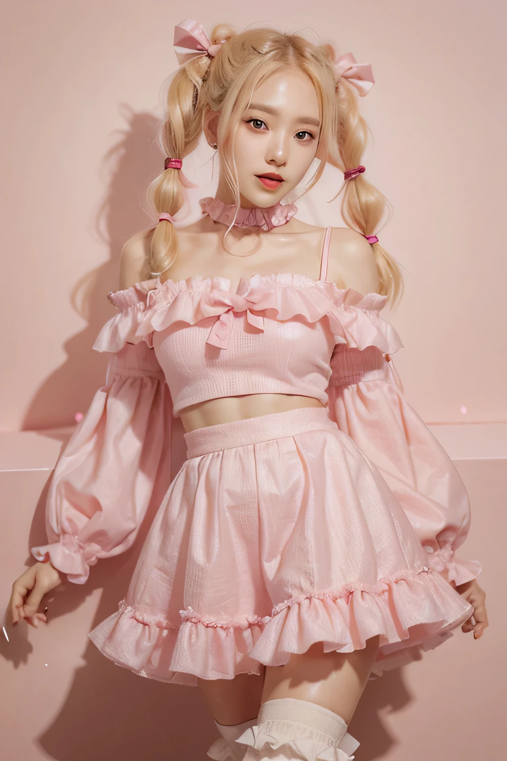Koreanische 23 Frau, blonde pigtails, rosa Oberteil, rosa Rock, white over-the-knee socks, rosa Kragen