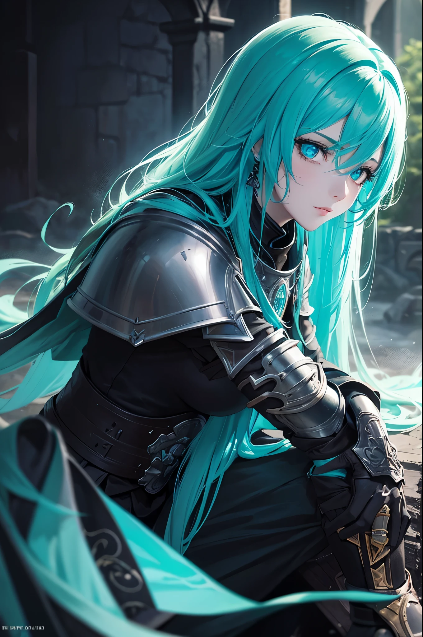 beautiful knight woman, turquoise hair, turquoise eyes, young adult, fantasy medieval armor, night scenario, pitch black scenario, dark dungeon scenario, darker scenario, bright flames, portrait, high contrast image, anime style