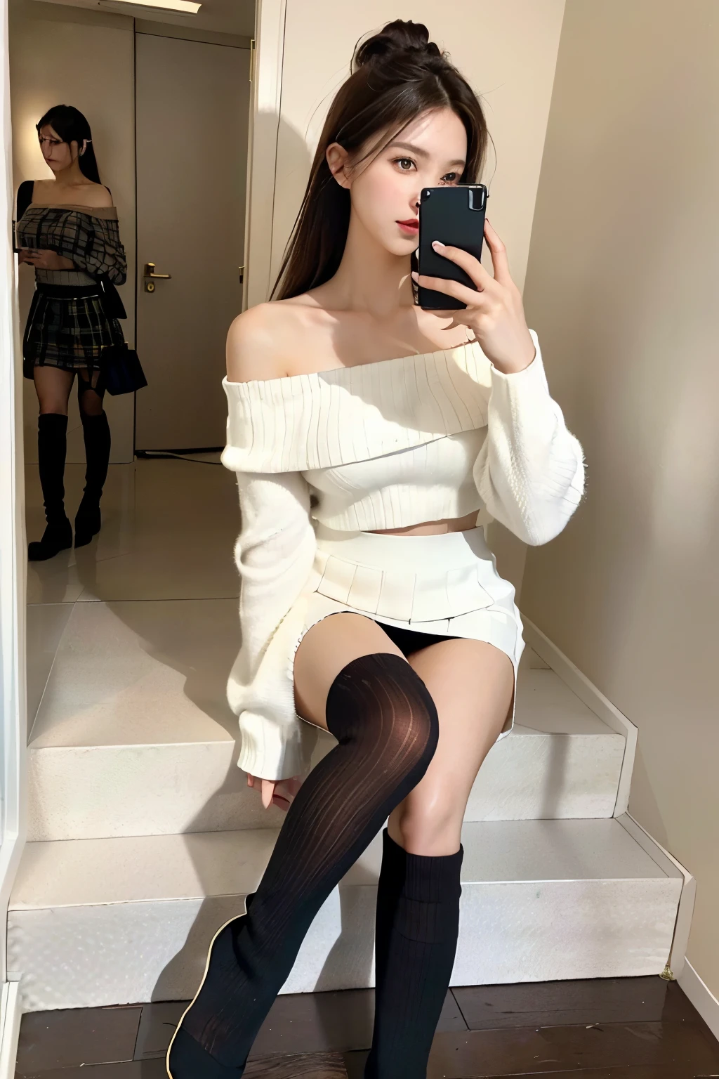 ((realistic lighting, highest quality, 8K, masterpiece, medium shot: 1.3)), clear focus: 1.2, 1 girl, perfect figure: 1.4, ((dark brown hair)),((one length,I can see the forehead)),At a movie shooting site,(sit on a step:1.2),(White off-shoulder knit),(tartan check miniskirt :1.2),(black knee high socks:1.3),(Part of the thigh is visible),(The girl pointed out her thick heels :1.1)，(accurate and perfect face:1.3),hyper hd, ray tracing,structurally correct, (open legs;1.5),white panties are visible,Taking a selfie with a black smartphone,Your face is hidden by your smartphone
