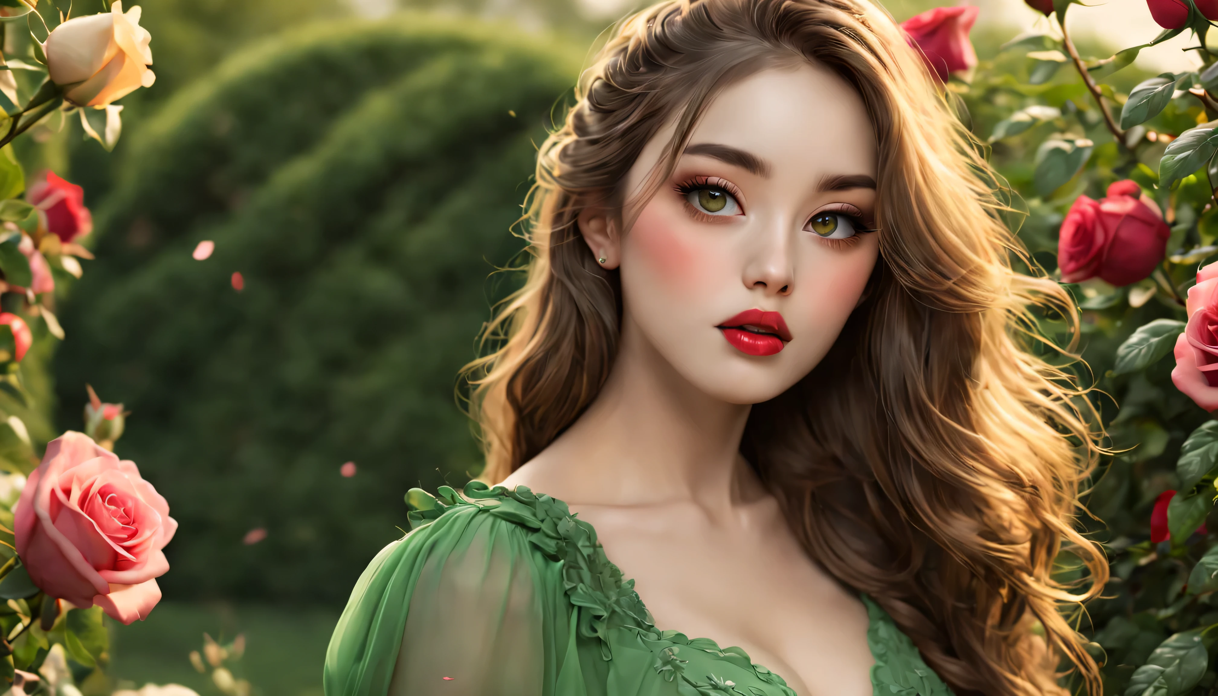 (best quality,4k,8k,highres,masterpiece:1.2),(ultra-detailed,realistic:1.37),beautiful detailed eyes,beautiful detailed lips,extremely detailed eyes and face,longeyelashes,green dress,flowing long hair,garden surroundings roses,breathtaking sky and background,innocent scene,sensual charm,illustration,soft lighting,vivid colors, canon eos r3, 20 megapixels
