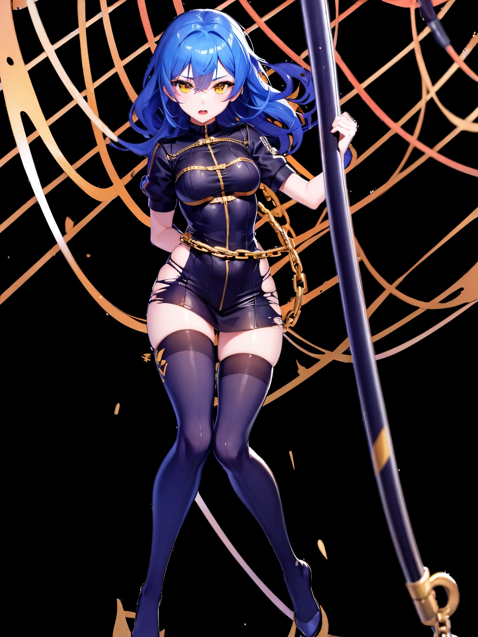 1girl, solo, siren_(AL), rigging, torn clothes, blue hair, yellow eyes, shackles, best quality, highest resolution, ultra detailed outfit