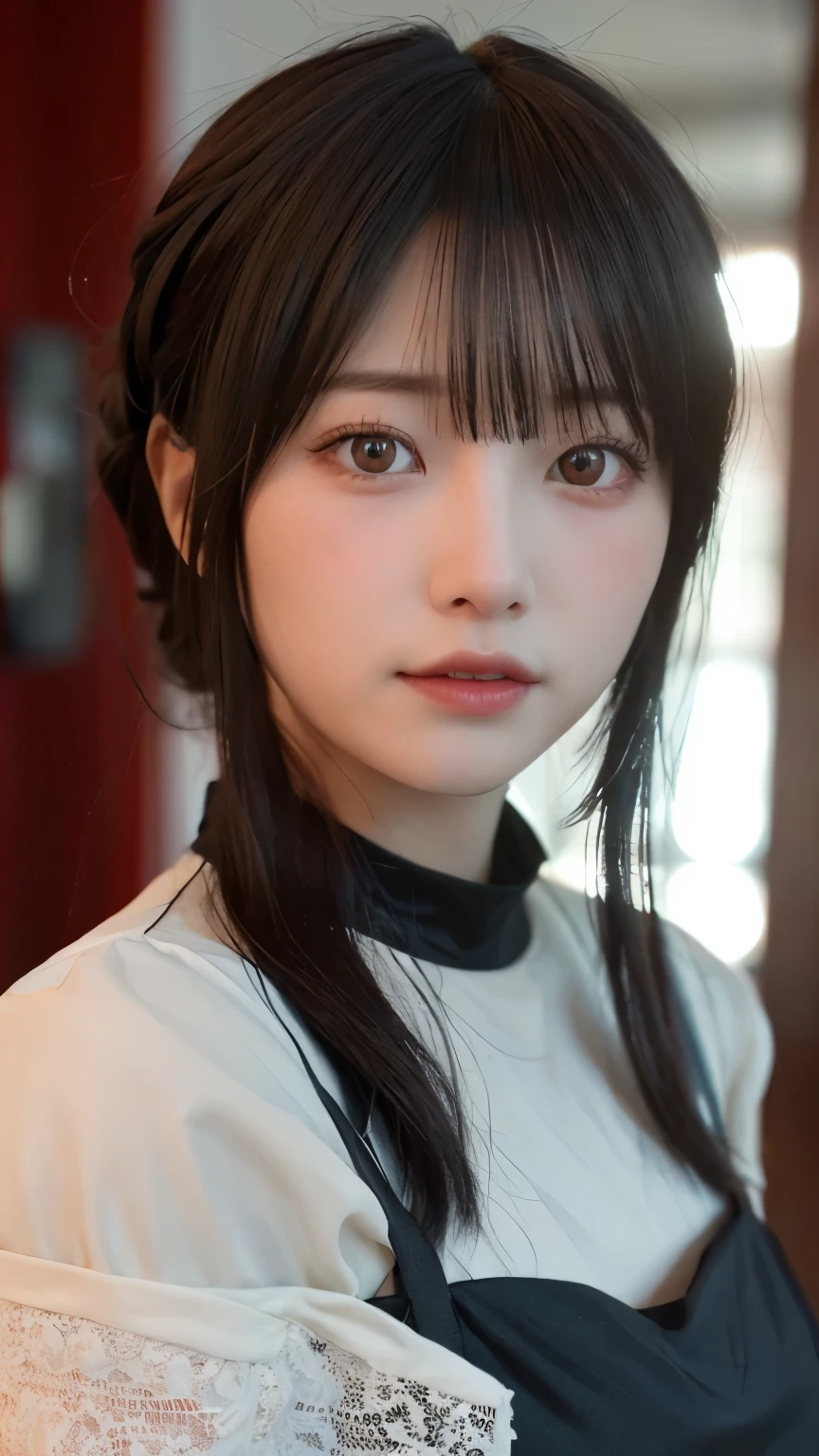 Photo of a girl during an amazing portrait session, Shot in 8K, Top quality and 3D Cinema Light Ultra High Definition for ultimate immersion. The setting is Hong Kong in the 1990s., Medium shot showing every detail of her.hairstyle,medium straight hair,