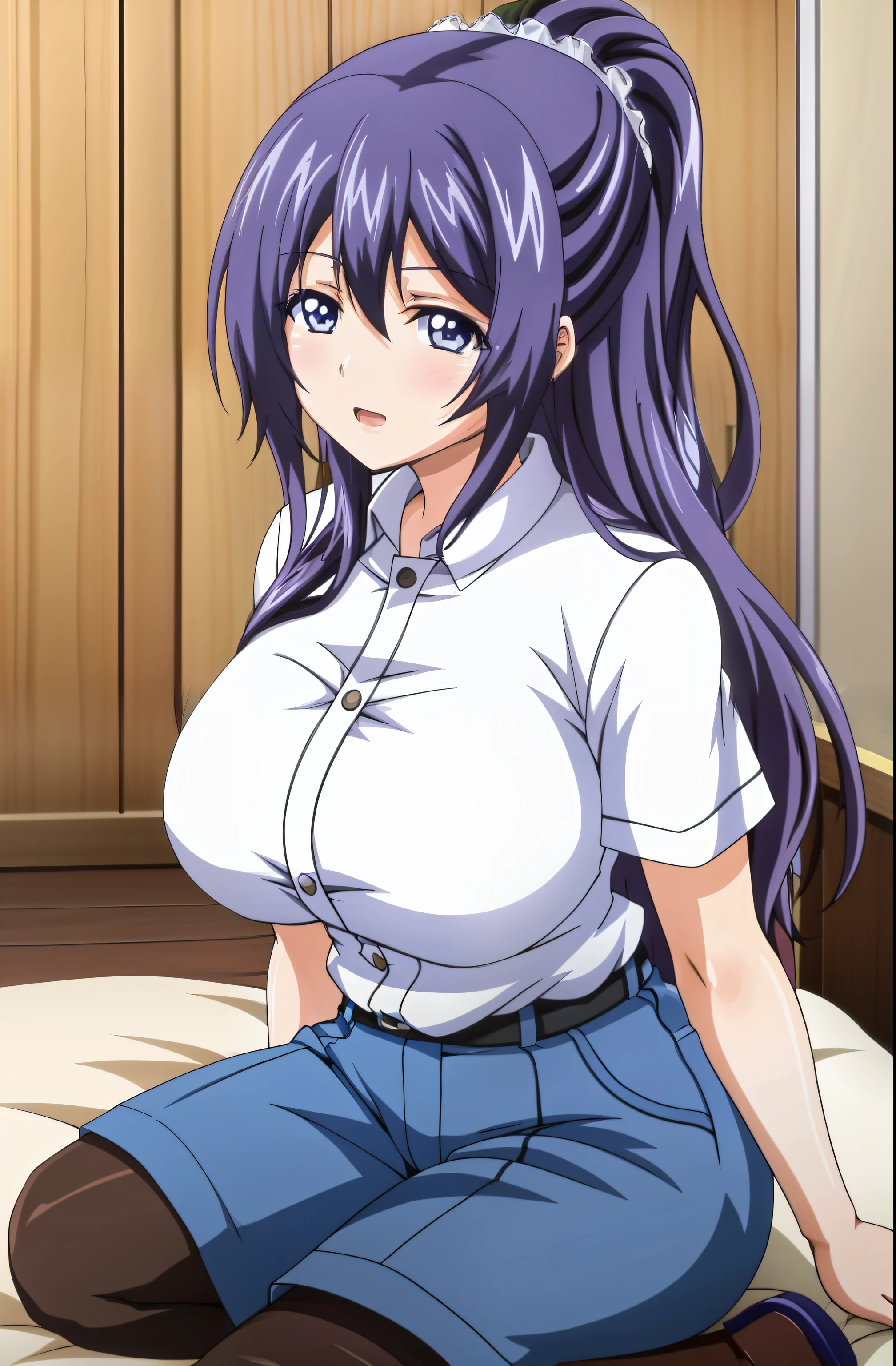 Garota de anime com longos cabelos pretos, sentada em uma cama, hyuga hyuga, Meninas de anime sedutoras, Kotegawa Yui, hanayamata, Oppai, the breasts are big, the anime girl is squatting, shikami, com seios grandes, nagatoro, Shirabii, Linda garota de anime agachada, Mulher de anime linda e sedutora