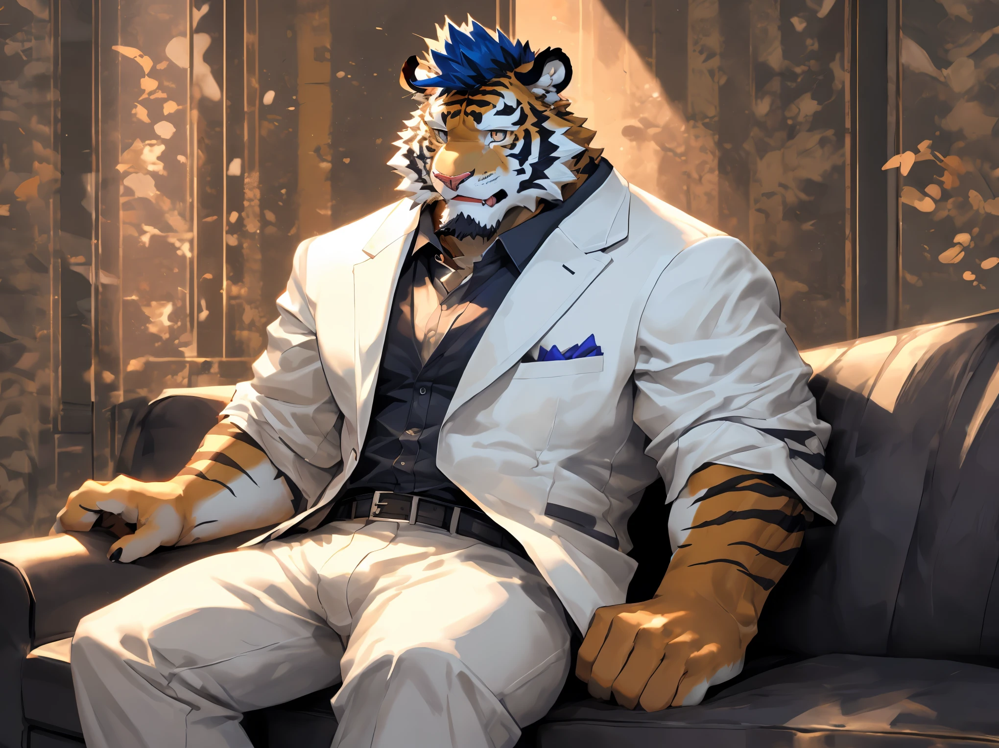 (disney),anime character with tiger, tiger_beast, Firmware version, high resolution committee, ((tiger)), gigachad muscular, only,anthropomorphic tiger, muscular character, Kushat Konzi, super detailed!!, beefy, body committee, Full body details are very rich,16k,(Full white suit body:1.4),(The two eyes are not the same color，Pupils of different colors:1.5),HD,(colored hair,Eyebrow:1.5),(Aloof:1.5),(Sitting on the sofa:1.3),(The eyes are haughty:1.5),(dick:1.1),solo,Sitting on the sofa,(Facial detail drawing:1.5),(white tiger tail),(white face pattern),(front view),(Modern luxury decorative background:1.3),(living room:1.3),(Perfect body proportions:1.3),(back wall window;1.3),(Looking at you with a sneer),(Close up:1.2),(Half body:1.5),(Various shades),(Sneer:1.5),(middle aged:1.2),(30 years old)