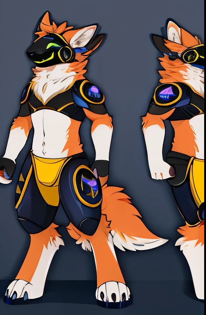 protogen de pelagen preta com detalhes amarelos 2 pares de orelhas em seu monitor da cabeca parte da direita e esquerda desenho de icone de power sorridente ref sheet