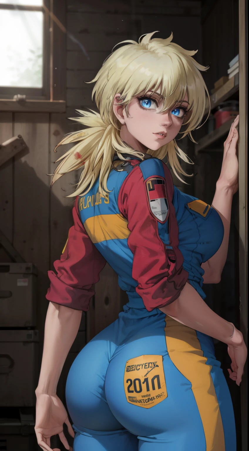 masterpiece, highest quality, best quality, official art, beautiful and aesthetic: 1.2), (1girl), extremely detailed, (fractal art: 1.3), colorful, highest detailed, perfect face, upper body, HDR, (prayer: 1.3), (dynamic stripes, luminous traces: 1.2), bright colors, seras, garage,  mechanic, standing, ass focus, breasts, large ass, bare ass, naked, nude, ass window, sexy, wide hips, thicc figure, Detailed blue eyes, Detailed face, Detailed eyes, perfect face, perfect eyes, wearing blue jumpsuit, jumpsuit, blue jumpsuit, looking back, looking at viewer 