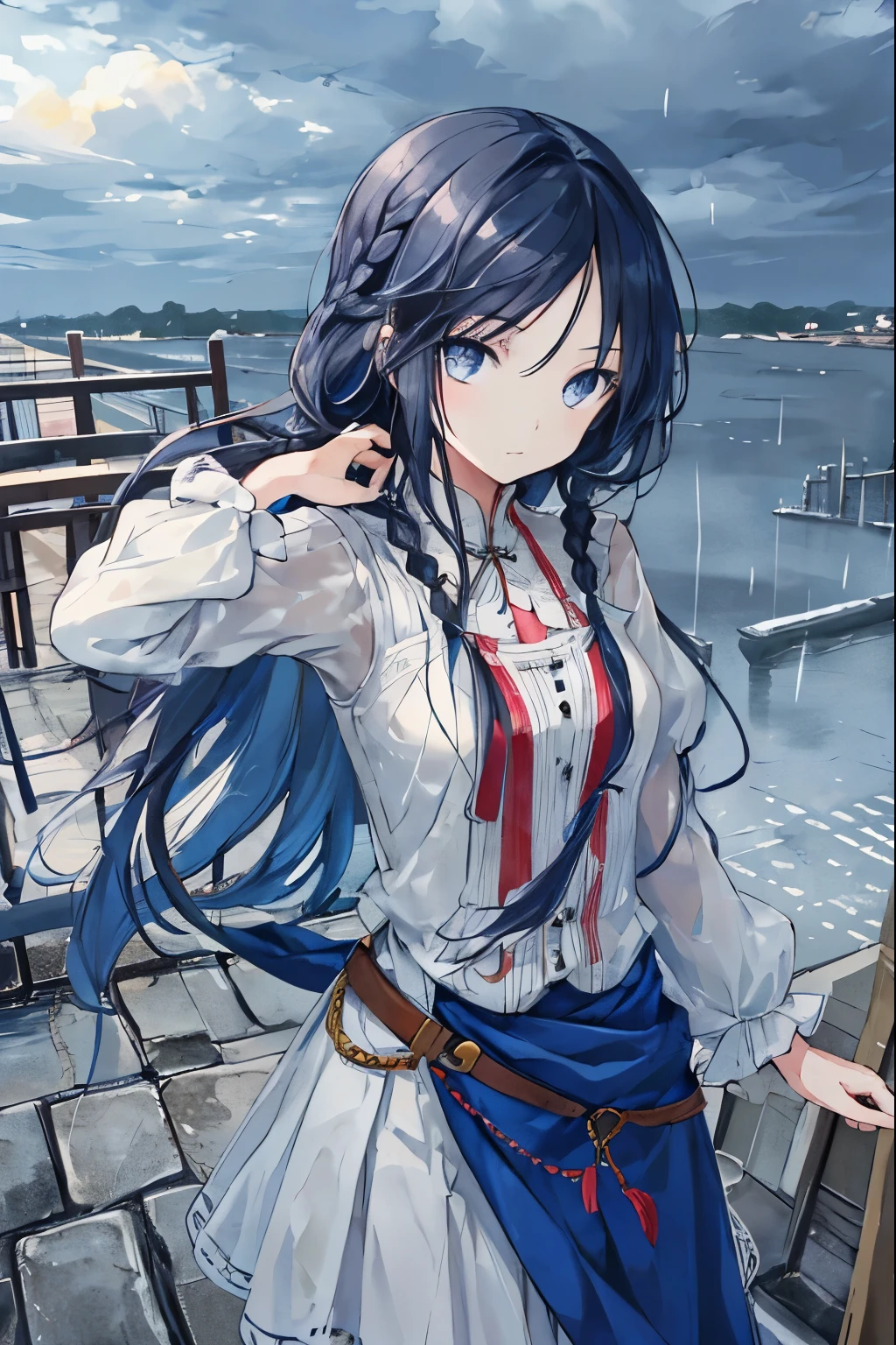 table top, highest quality,figure, wallpaper, Super detailed, absurd, 1 girl, alone, (medium long hair、short braided hair), detailed and beautiful eyes, rainfall、cloudy sky、hair blowing in the wind、