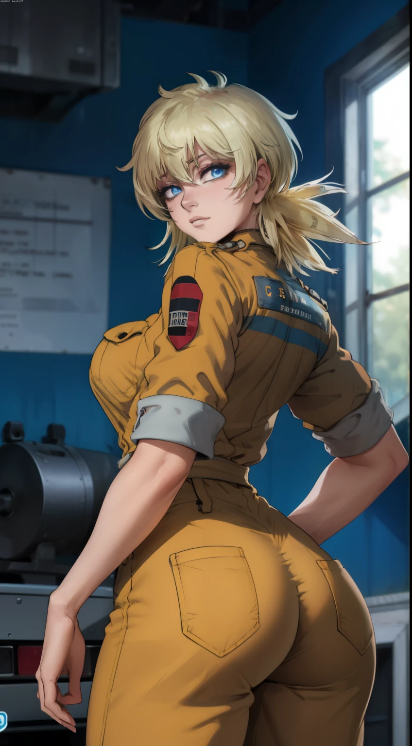 masterpiece, highest quality, best quality, official art, beautiful and aesthetic: 1.2), (1girl), extremely detailed, (fractal art: 1.3), colorful, highest detailed, perfect face, upper body, HDR, (prayer: 1.3), (dynamic stripes, luminous traces: 1.2), bright colors, seras, garage, mechanic, standing, ass focus, breasts, large ass, bare ass, naked, nude, ass window, sexy, wide hips, thicc figure, Detailed blue eyes, Detailed face, Detailed eyes, perfect face, perfect eyes, wearing blue jumpsuit, jumpsuit, blue jumpsuit, looking back, looking at viewer