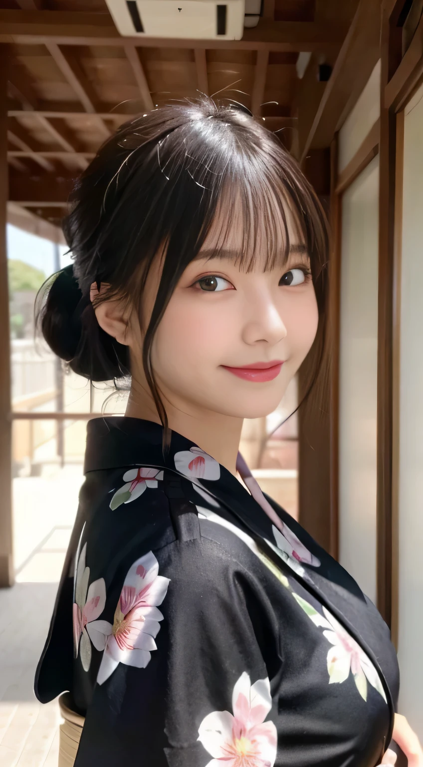 (highest quality,masterpiece:1.3,ultra high resolution,),(Super detailed,caustics),(Photoreal:1.4,RAW shooting,)ultra-realistic capture,very detailed,High resolution 16K human skin close-up。 natural skin texture、,The pores are、、、、、Must be detailed enough to be easily identified。 Skin should look even-toned and healthy。 Use natural light and color,1 girl,Japanese,18-year-old,cute,black haired,ponytail,big breasts,smile,turn your body forward,(Front view:1.1),look at the camera,yukata