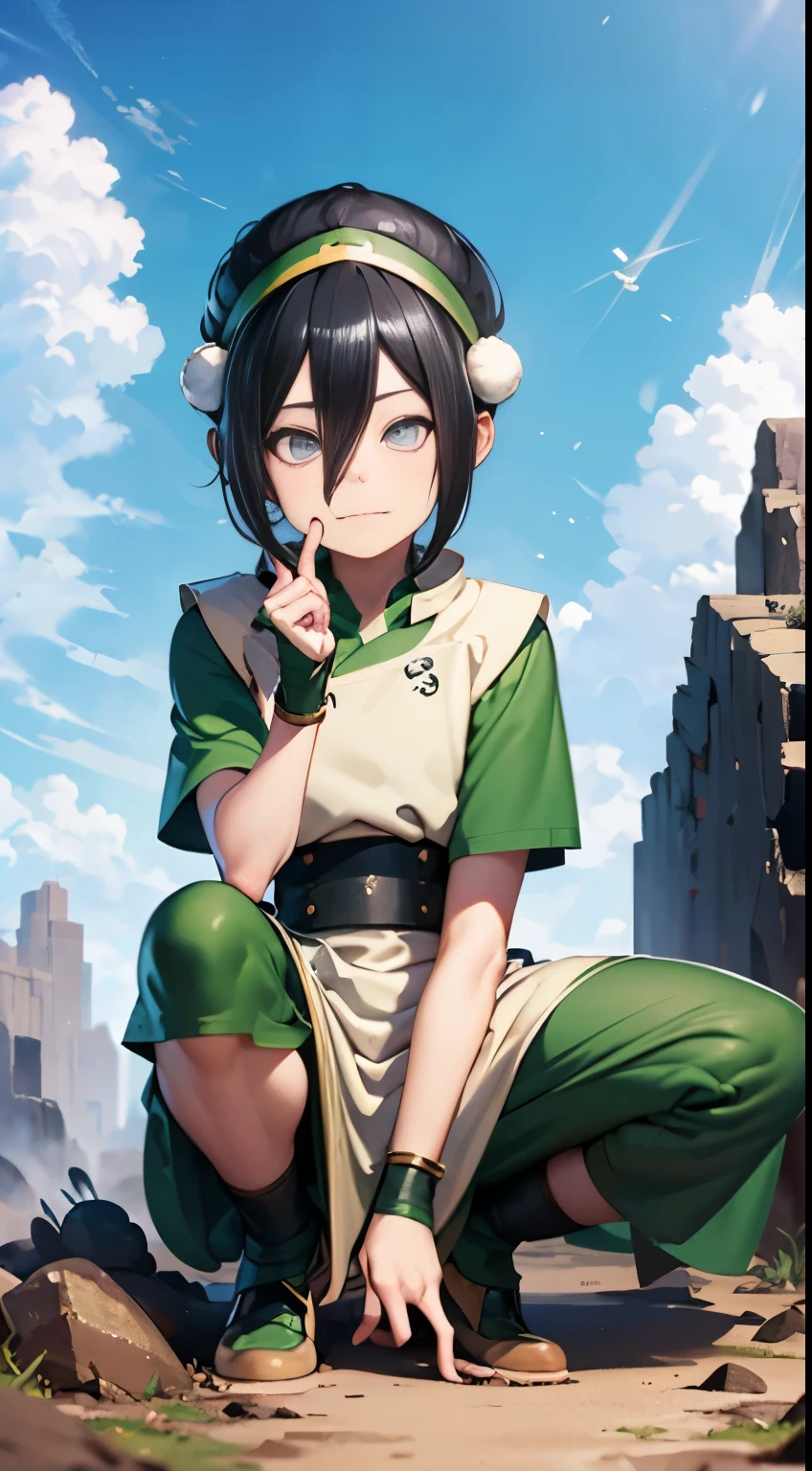 ultra realistic, 8  girl, short black hair, blind, toph beifong, rocky plain , ultra detalhada