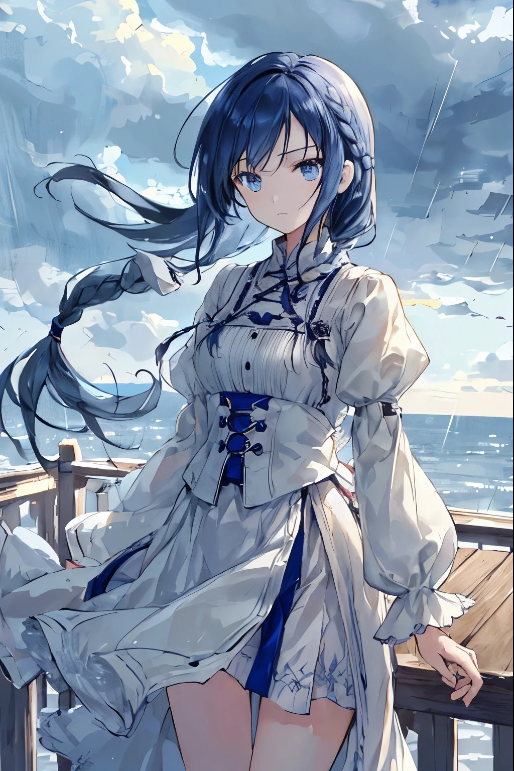 table top, highest quality,figure, wallpaper, Super detailed, absurd, 1 girl, alone, (medium long hair、short braided hair), detailed and beautiful eyes, rainfall、cloudy sky、hair blowing in the wind、