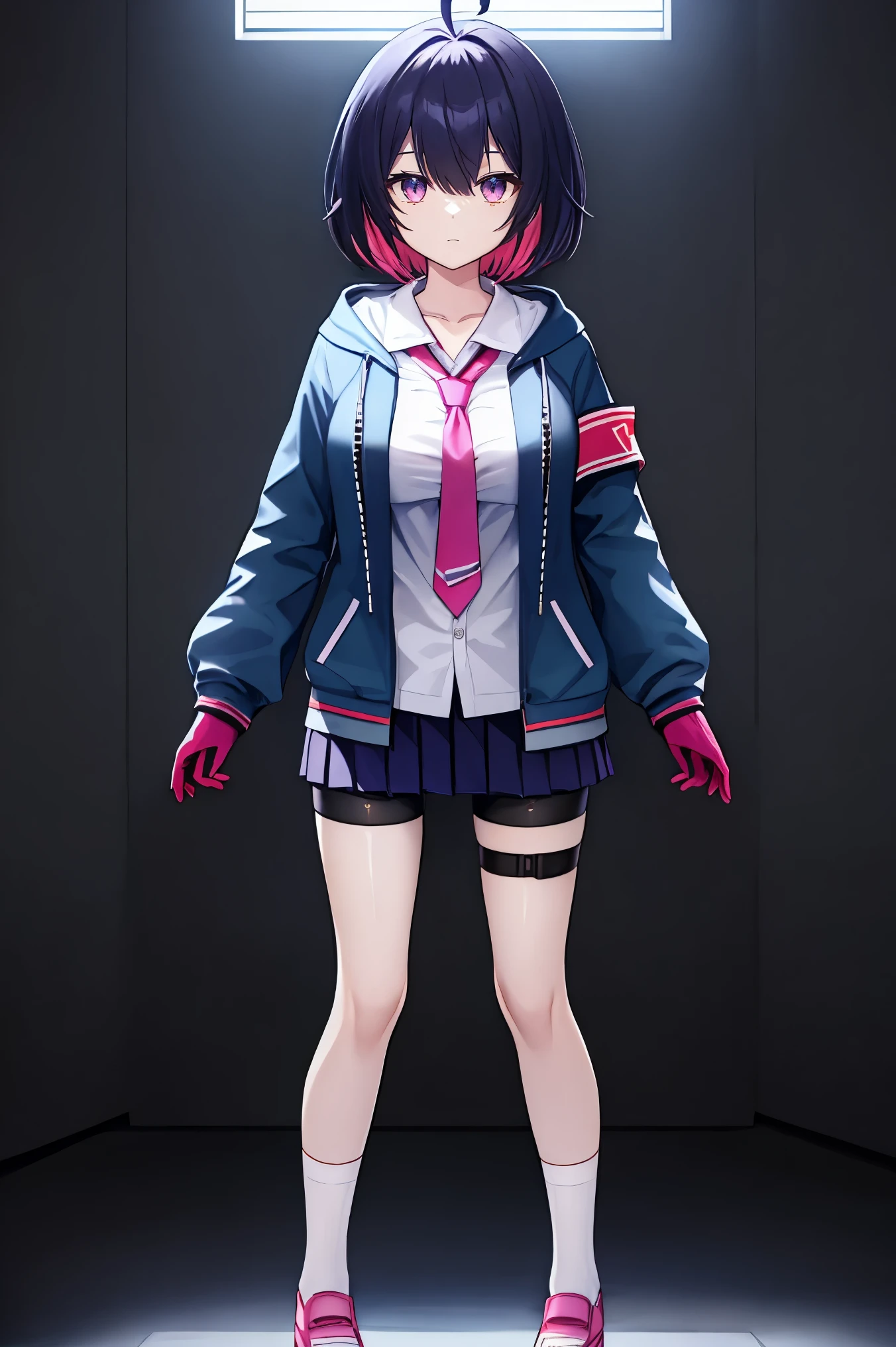 1girl, perfect face, hdr, seele vollerei, ahoge, medium_hair, purple_hair, colored inner pink_hair, purple_eyes, big_breast, open_collar, white shirt, long shirt, collarbone, school_uniform, pink necktie, long tie, blue hooded_jacket, blue hooded sweater_jacket, oversized_jacket, hood, hood_down, long sleeves, open_jacket, open_clothes, brown_armband, short_skirt, skirt, blue_skirt, pleated_skirt, white stripe, bike_shorts, bike_shorts_under_skirt, thigh_holster, thigh_legs, bike_shorts_under_shorts, standing, full_body, white_socks, pink_shoes, thigh_legs, pink_gloves,