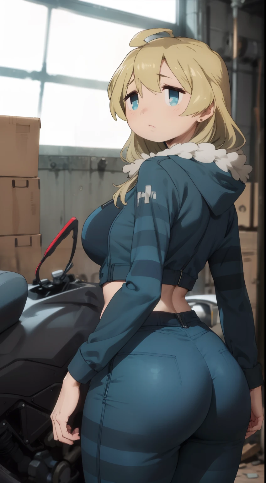 masterpiece, highest quality, best quality, official art, beautiful and aesthetic: 1.2), (1girl), extremely detailed, (fractal art: 1.3), colorful, highest detailed, perfect face, upper body, HDR, (prayer: 1.3), (dynamic stripes, luminous traces: 1.2), bright colors, yuuri, garage, mechanic, standing, ass focus, breasts, large ass, bare ass, naked, nude, ass window, sexy, wide hips, thicc figure, Detailed blue eyes, Detailed face, Detailed eyes, perfect face, perfect eyes, wearing arabain belly dancer clothing, belly dancer, blue jumpsuit, looking back, looking at viewer