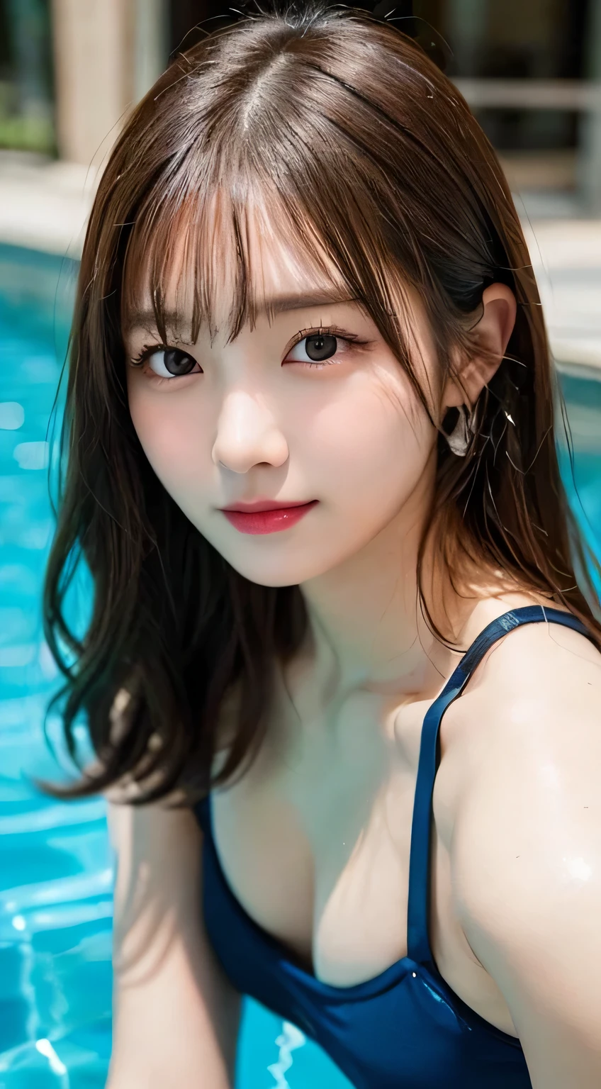 table top, highest quality, shape, Super detailed, finely, High resolution, 16k, perfect dynamic composition, straight hair, medium hair, brown hair,natural color lip, smile, 20歳のgirl、cute、beautiful、完璧でbeautiful顔, beautiful and detailed face, slim face and body, Elegant face, KPOP idol face、Japanese idol faces、small face、Big eyes, brown eyes, droopy eyes, 緻密でbeautiful目, girl, swimsuit、pool、swim、whole body